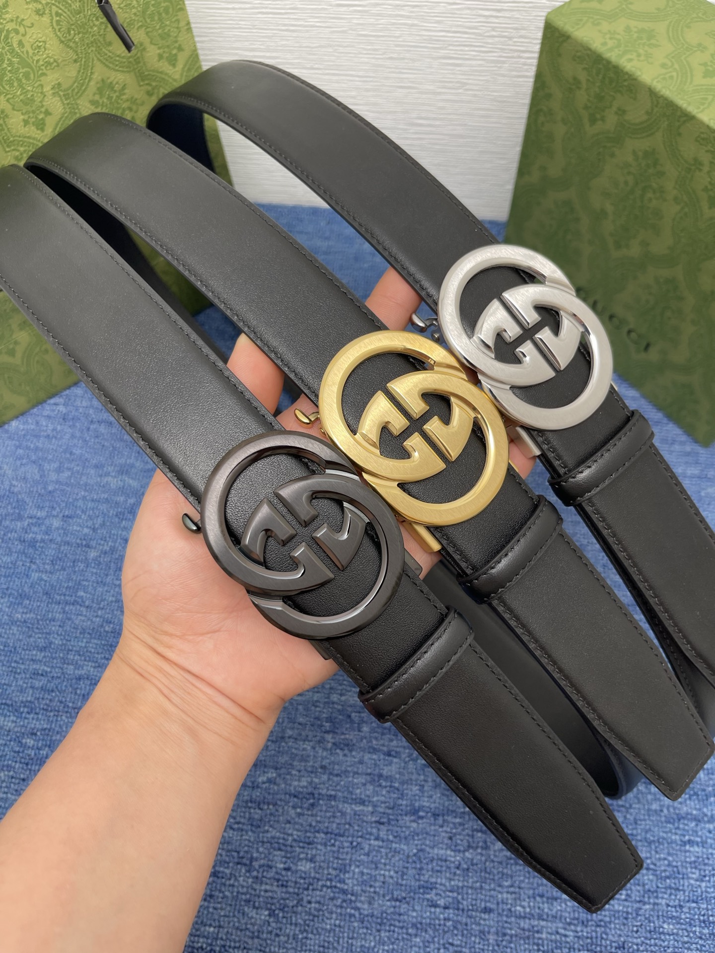 【古奇】 Gucci新款小牛皮，手感细腻柔软，搭配纯钢自动精品扣，男士必备！宽度：3.8cm