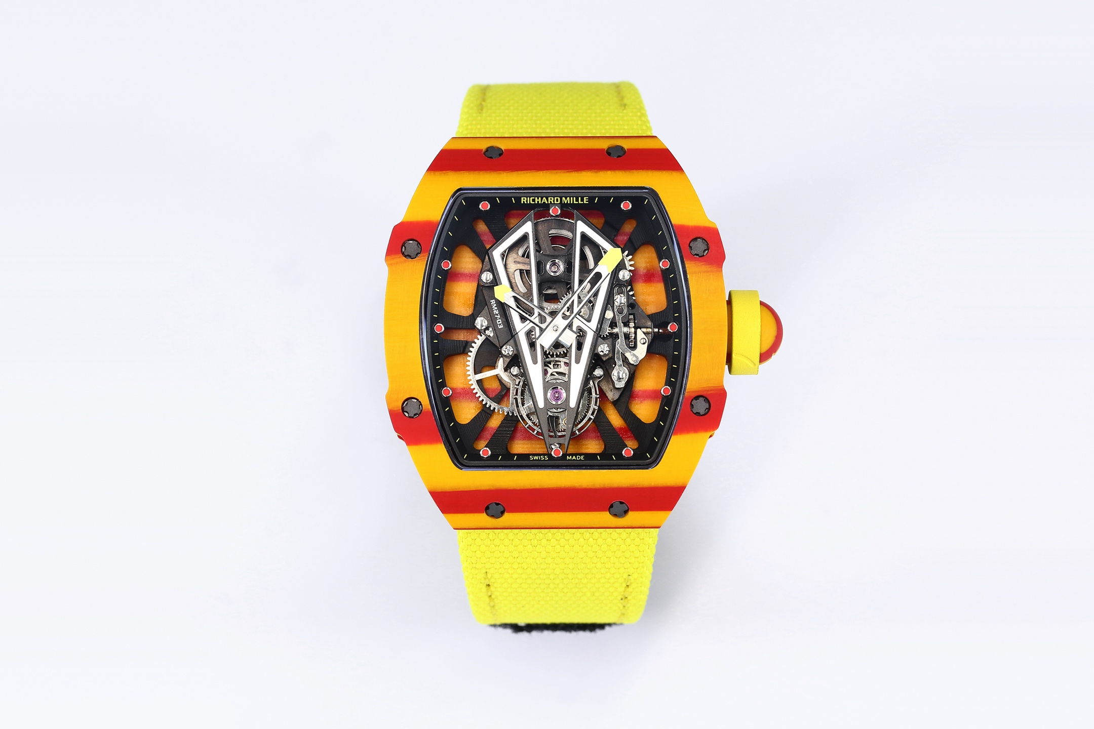 NO:158069,BBS's heavy-weight new launch. The King of Lightweight Richard Miller Tourbillon Watch (43.5g) creates a RM27-03 tourbillon movement with a heavy money, and the movement is integrated with an NTT carbon fiber case!  Create the lightest tourbillon watch in the industry. Please be sure to see the BBS factory, the entire watch is only 43.5 grams. The only details are for the original. Spanish Bull--RM27-03 ultra-light sports tourbillon watch. The movement plate adopts the Sanish Matador 