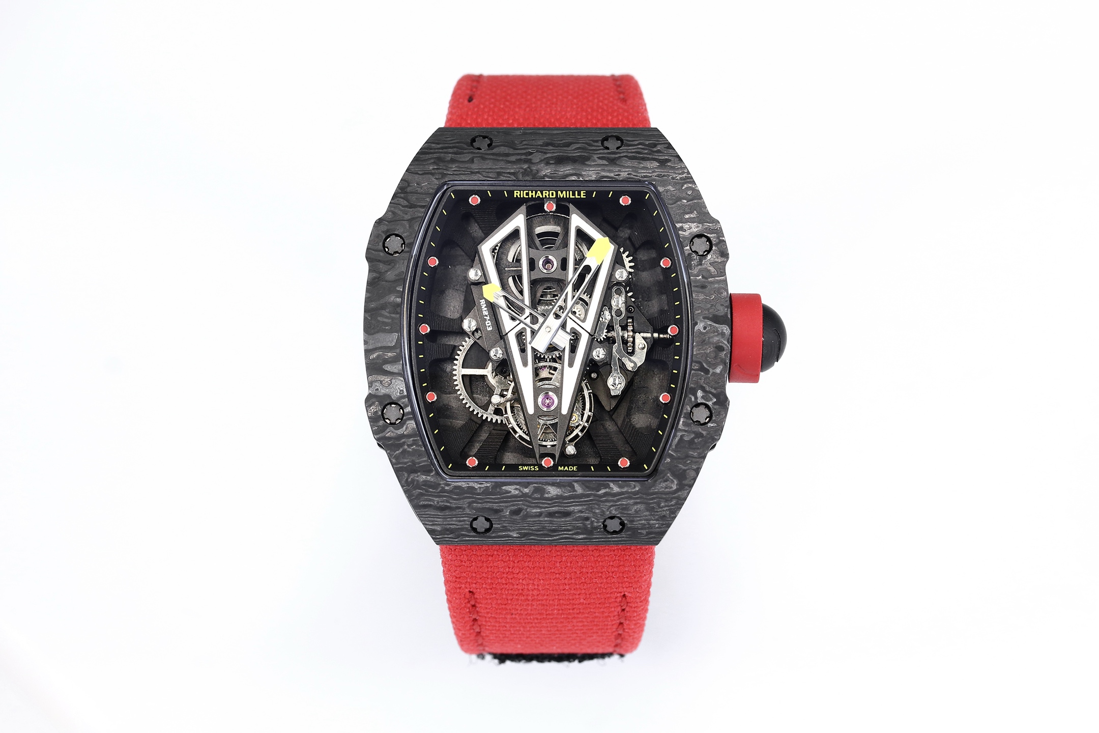 NO:586520,BBS’s new release. The lightweight king Richard Mille Tourbillon Watch (43.5g). The RM27-03 tourbillon movement is built with a lot of money, and the movement is integrated with the NTT carbon fiber case!  Create the lightest tourbillon watch in the industry. Please look for the BBS factory, the whole watch is only 43.5 grams. Only all details are the same as the original. Spanish Bull-RM27-03 ultra-light sports tourbillon watch. The movement panel adopts the (Sanish Matador) 'Bull' design concept, with a domineering bull's head in the shape of a hollow bridge plate. Under the 'Bull's head' are clearly visible barrels, mechanical gears and tourbillon escapements.  The case is made of thin-layer composite technology TT quartz carbon fiber, grade 5 titanium alloy screws, grade 9 hardness sapphire mirror, and rubber woven Velcro strap. 'The whole watch is only 43.5 grams.' The collision between hardness and lightness is reminiscent of Rafael Nadal's heroic appearance of never giving up and fighting hard on the court.19860909BBS 重磅新推.轻量级之王理查德米勒陀飞轮腕表（43.5g） 重金打造RM27-03陀飞轮机芯,机芯融合NTT碳纤维表壳！创造出业界内最轻陀飞轮腕表. 请认准BBS工厂、全表仅43.5克.唯一所有细节对原版. 西班牙公牛--RM27-03超轻运动陀飞轮腕表. 机芯盘面采用（Sanish Matador）“公牛”设计理念,镂空桥板造型的一只霸气的公牛牛头,“牛头”下方是清晰可见的发条盒、机械齿轮和陀飞轮擒纵机构, 表壳采用薄层复合工艺TT石英碳纤维打造、五级钛合金螺丝、9级硬度蓝宝石镜面,橡胶编织魔术贴表带,“全表仅43.5克” 坚硬与轻量之间的碰撞 让人联想起当年 拉菲尔纳达尔 在球场上永不言弃、奋力拼搏的英姿.,,Watch
