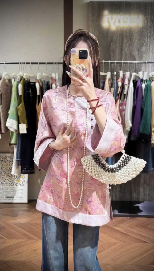 Elegant Pink Jacquard Silk Blend Top - Chinese Style Blouse for Women 1 Elegant Pink Jacquard Silk Blend Top - Chinese Style Blouse for Women