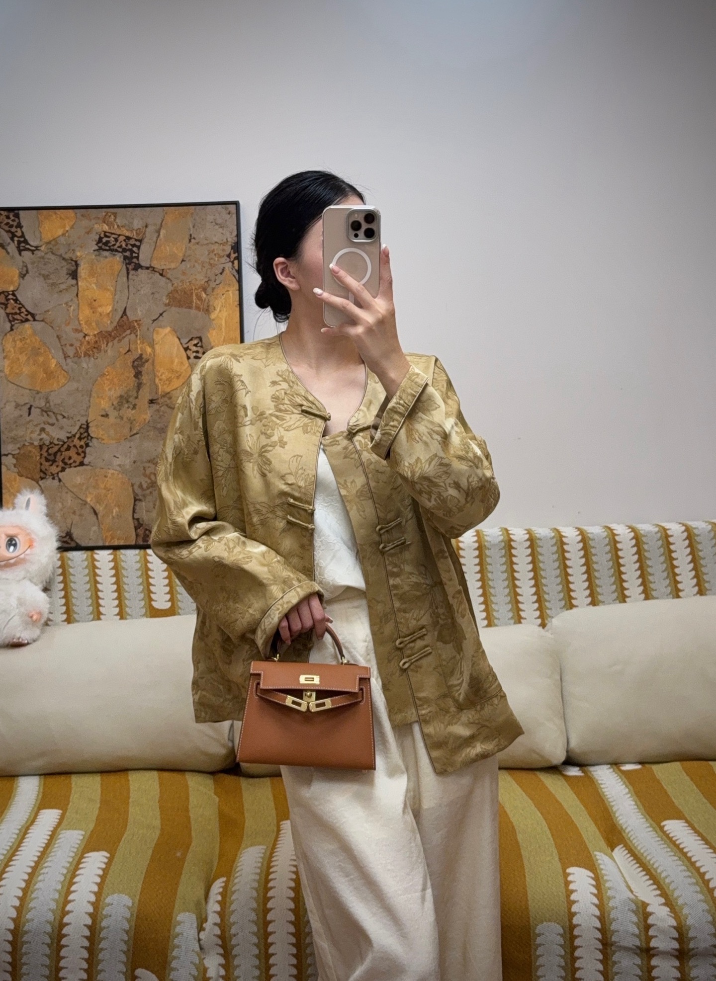 Elegant Champagne Gold Embossed Jacquard Short Coat with Mandarin Collar 1 i1755784788690 7709 0 0
