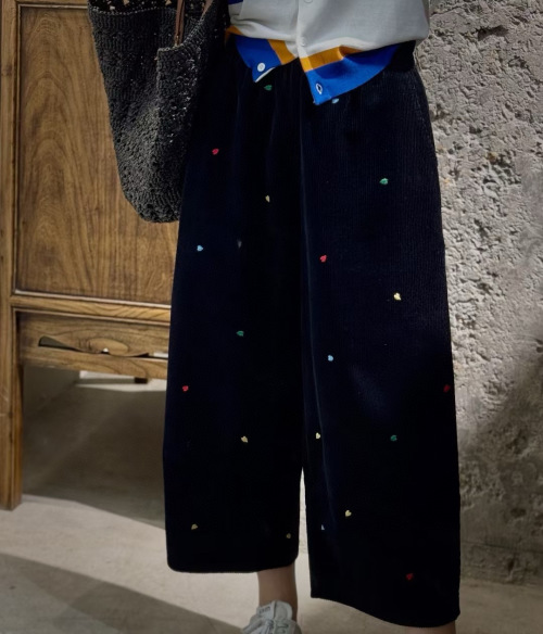 Embroidered Corduroy Wide Leg Pants with Small Hearts - Soft & Comfy 1 Embroidered Corduroy Wide Leg Pants with Small Hearts - Soft & Comfy