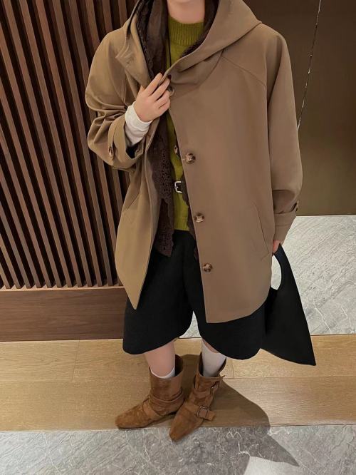 Retro Camel Lace Hooded Trench Coat Loose Fit Slimming Versatile 1 Retro Camel Lace Hooded Trench Coat Loose Fit Slimming Versatile