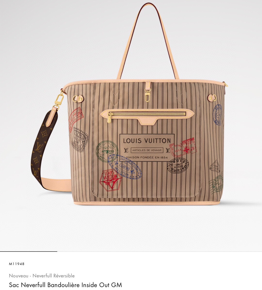 NO:619844,[Sac Neverfull Bandoulière Inside Out GM] m11948 presbyopic/apricot (seal double-sided) official website picture,19860909【Sac Neverfull Bandoulière Inside Out GM】 m11948 老花/杏色（印章双面） 官网图,,Bag