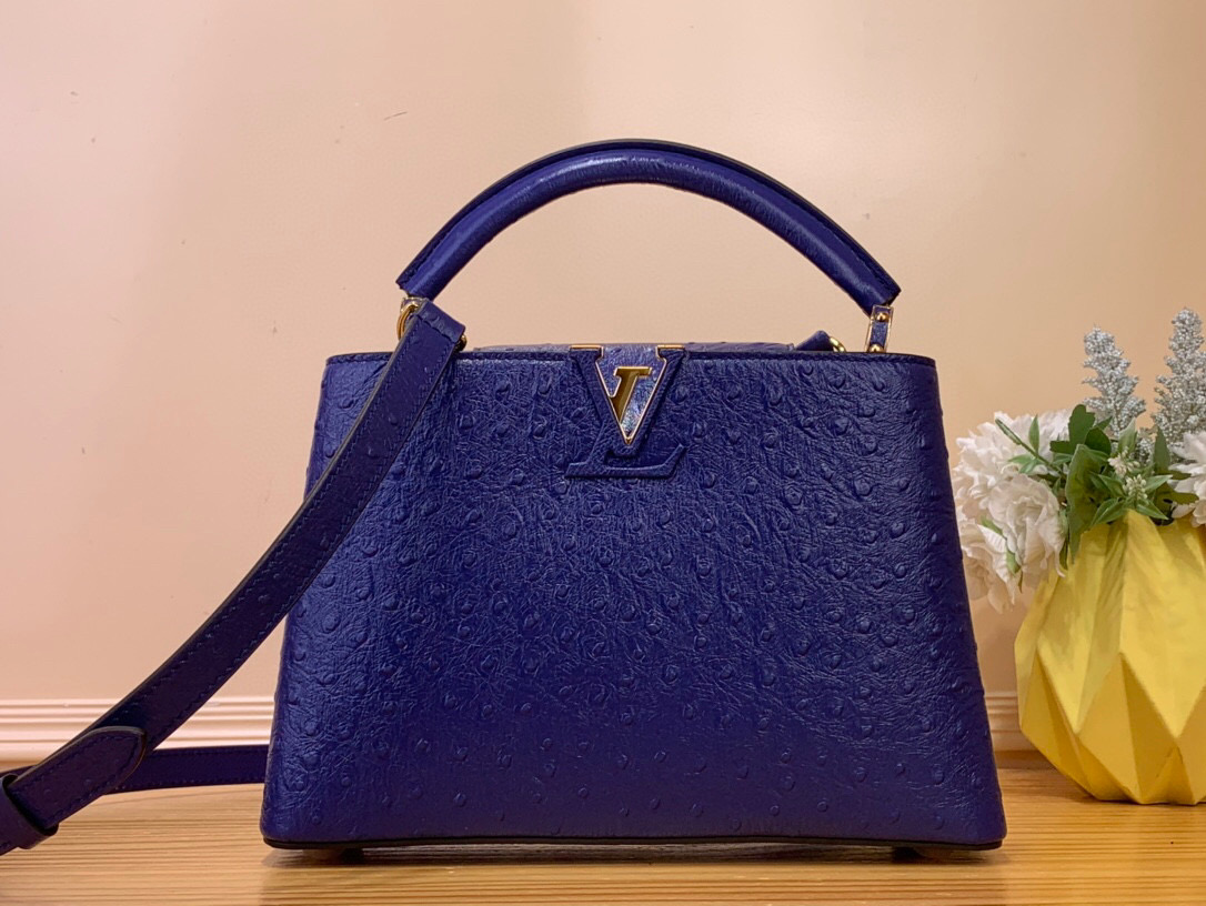 NO:551540,Top original order [Caucines small handbag] M94227 48865 blue (cow leather pressed ostrich pattern) noble ostrich skin pattern, luxurious goatskin lining, shiny metal accessories, unique Caucines jw flap can be stored in the bag to display the letter logo, and can be turned out to display the Monogram Flower pattern. Size 27 x 9 x 18 cm  125121350,,cowhide,sheepskin,ostrich skin19860909顶级原单【Caucines 小号手袋】M94227 48865 蓝色（牛皮压鸵鸟纹） 高贵的鸵鸟皮纹,奢华的山羊皮衬里,闪亮的金属饰件,特有的Caucines jw搭盖既可收入包内展示字母标识,又可外翻 呈现Monogram Flower图案 . 尺寸27 x 9 x 18 厘米 125121350,,cowhide,sheepskin,ostrich skin,Bag