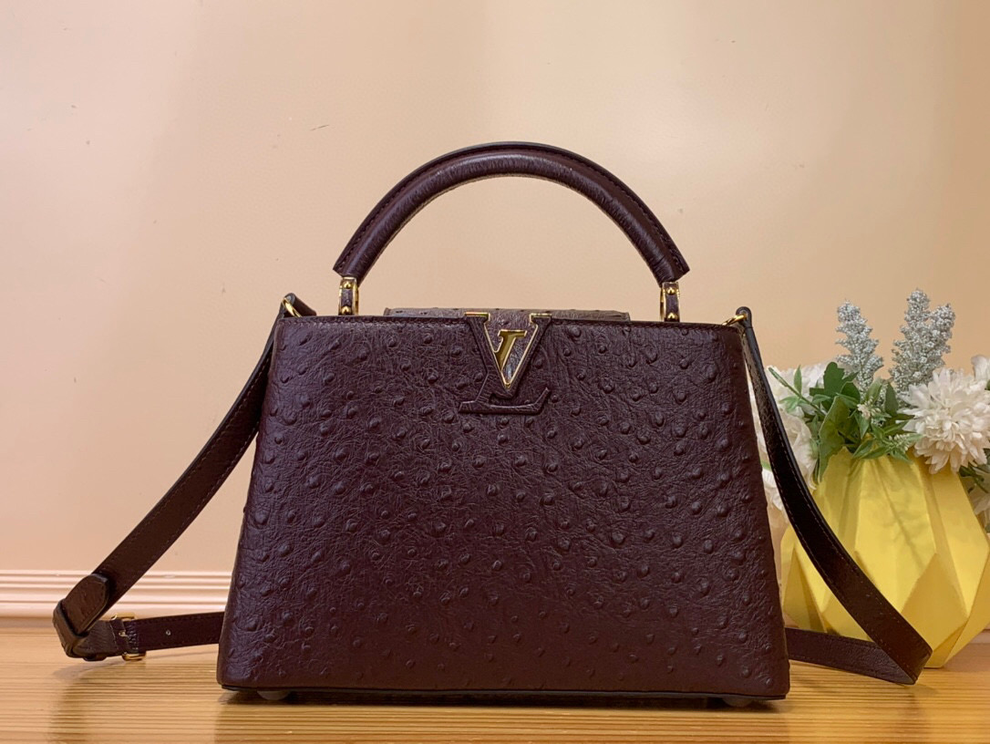 NO:551531,Top original order [Caucines small handbag] M94227 48865 chocolate color (cowhide embossed ostrich pattern), noble ostrich skin pattern, luxurious goatskin lining, shiny metal accessories, unique Caucines jw cover that can be stored in the bag to display the letter logo, or can be turned out to display the Monogram Flower pattern. Size 27 x 9 x 18 cm  125121350,,cowhide,sheepskin,ostrich skin19860909顶级原单【Caucines 小号手袋】M94227 48865 巧克力色（牛皮压鸵鸟纹） 高贵的鸵鸟皮纹,奢华的山羊皮衬里,闪亮的金属饰件,特有的Caucines jw搭盖既可收入包内展示字母标识,又可外翻 呈现Monogram Flower图案 . 尺寸27 x 9 x 18 厘米 125121350,,cowhide,sheepskin,ostrich skin,Bag