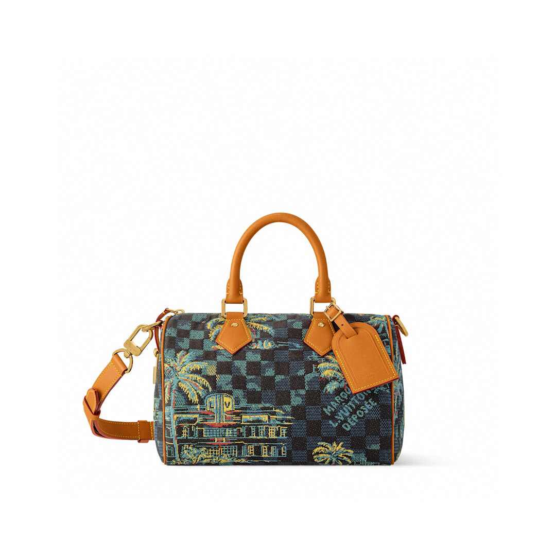 NO:551717,Top original order [SEEDY 25 BANDOULIRE handbag] N00225 Palm tree Coconut tree This Seedy 25 Bandoulière handbag is made of jacquard cotton, which weaves the vibrant nightlife scene of Miami into the Damier Gx checkerboard background, and uses palm trees and Art Deco architectural patterns to interpret the beach style. Metal parts and leather trims complete the details, and the top handle and detachable and adjustable shoulder strap provide flexible carrying. Size 15 x  15 x 25 cm 5816065 (height x width x length),19860909顶级原单【SEEDY 25 BANDOULIRE 手袋】 N00225 棕榈树 椰树 本款 Seedy 25 Bandoulière 手袋取材提花棉布,为 Damier Gx棋盘格背景织入迈阿密的活力夜生活景象,借棕榈树和装饰艺术风格建筑图案演绎海滩风情.金属件和皮革饰边完善细节,顶部手柄和可拆卸并调节的肩带提供灵活背携. 尺寸15 x 15 x 25 厘米 5816065 (高 x 宽 x 长度),,Bag