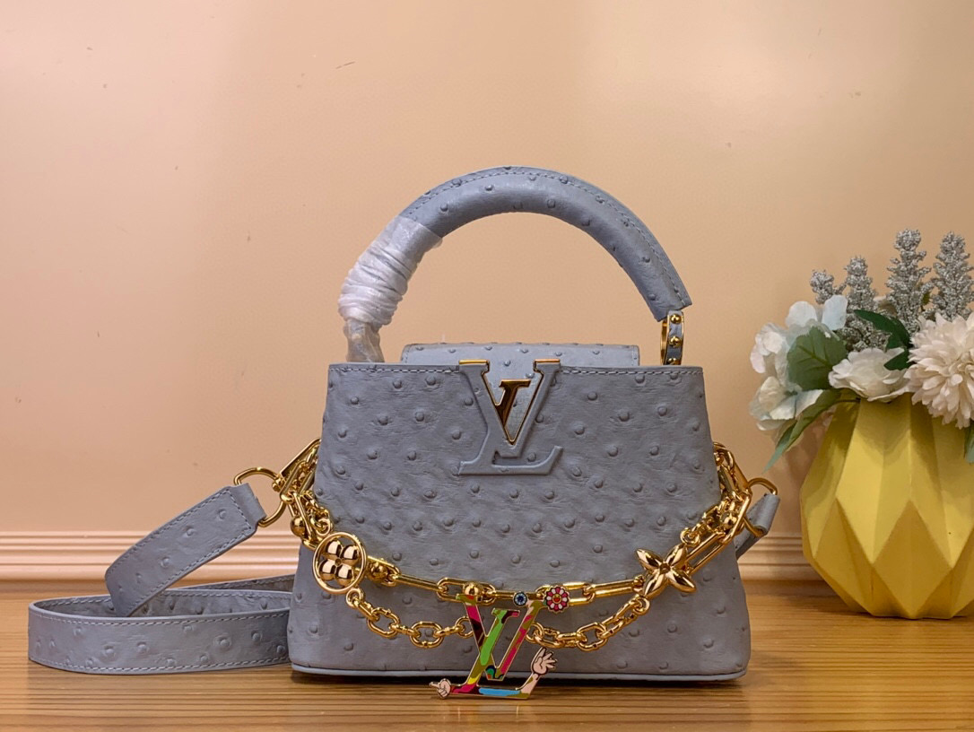 NO:551934,Top original order [CAUCINES mini handbag] m48865 blue/Takashi Murakami (cow leather pressed ostrich pattern) This Caucines mini handbag is made of flexible Taurillon Hl cow leather, with a jewelry-style double-plated chain and Monogram floral elements to highlight the identity of the Chain On You series. The flap can be placed on both sides of the inside and outside, the ample configuration and multiple inner pockets are convenient for storing daily needs, and the round LV letters add ingenious details. Size 14 x  8 x 21 cm 120121300 (height x width x length),,louis vuitton,cowhide19860909顶级原单【CAUCINES mini 手袋】 m48865 蓝色/ 村上隆（牛皮压鸵鸟纹） 本款 Caucines mini 手袋取材柔韧 Taurillon Hl牛皮革,以珠宝风格双镀链条和 Monogram 花卉元素点明 Chain On You 系列身份.翻盖可置于内外两侧,充裕构型和多重内袋方便收纳日常所需,圆润 LV 字母再添匠心细节. 尺寸14 x 8 x 21 厘米 120121300 (高 x 宽 x 长度),,louis vuitton,cowhide,Bag