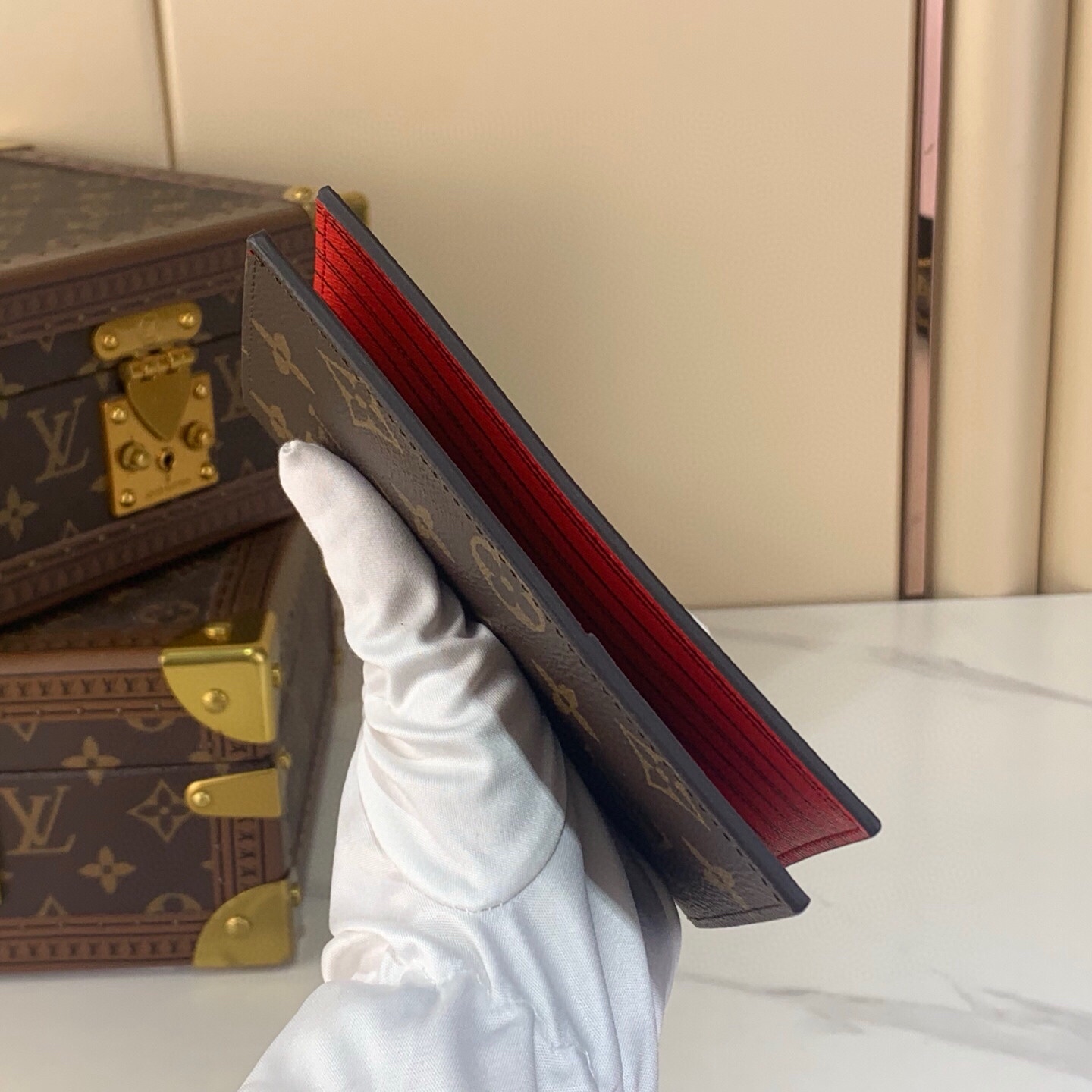 LV Style Beige Leather Passport Cover Lookbook Reference image 2