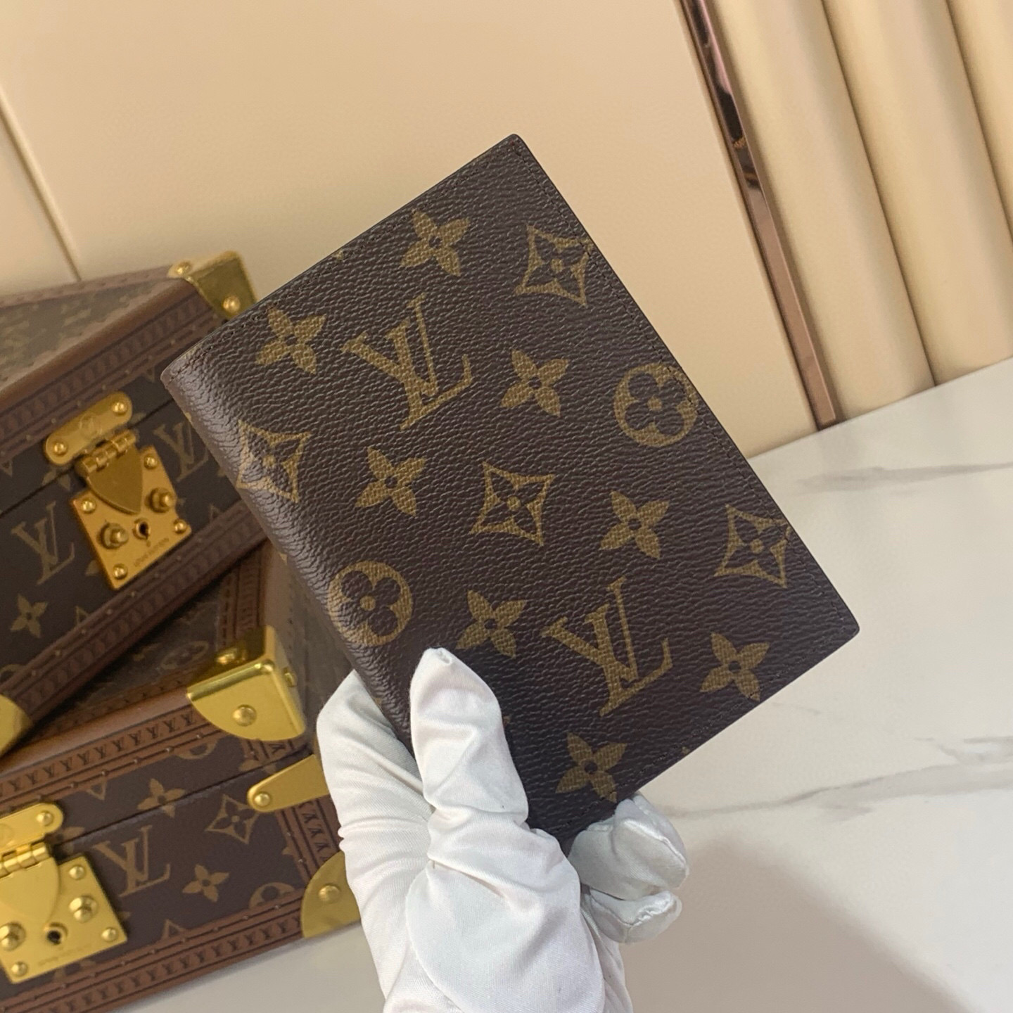 LV Style Beige Leather Passport Cover Lookbook Reference image 1
