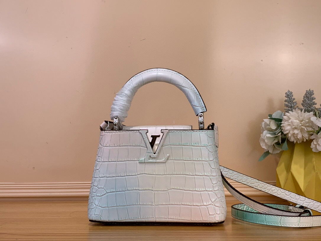 NO:602767,Top original order [Caucines mini handbag] M94227 48865 white blue/cowhide embossed crocodile pattern, noble crocodile skin pattern, luxurious goatskin lining, shiny metal accessories, unique Caucines hl flap that can be stored in the bag to display the letter logo, or can be turned out to display the Monogram Flower pattern. Size 21* 14* 8  cm.98121150,,cowhide,sheepskin,crocodile skin19860909顶级原单【Caucines mini手袋】M94227 48865 白色拼蓝/ 牛皮压鳄鱼纹 高贵的鳄鱼皮纹,奢华的山羊皮衬里,闪亮的金属饰件,特有的Caucines hl搭盖既可收入包内展示字母标识,又可外翻 呈现Monogram Flower图案 . 尺寸21* 14* 8 cm.98121150,,cowhide,sheepskin,crocodile skin,Bag