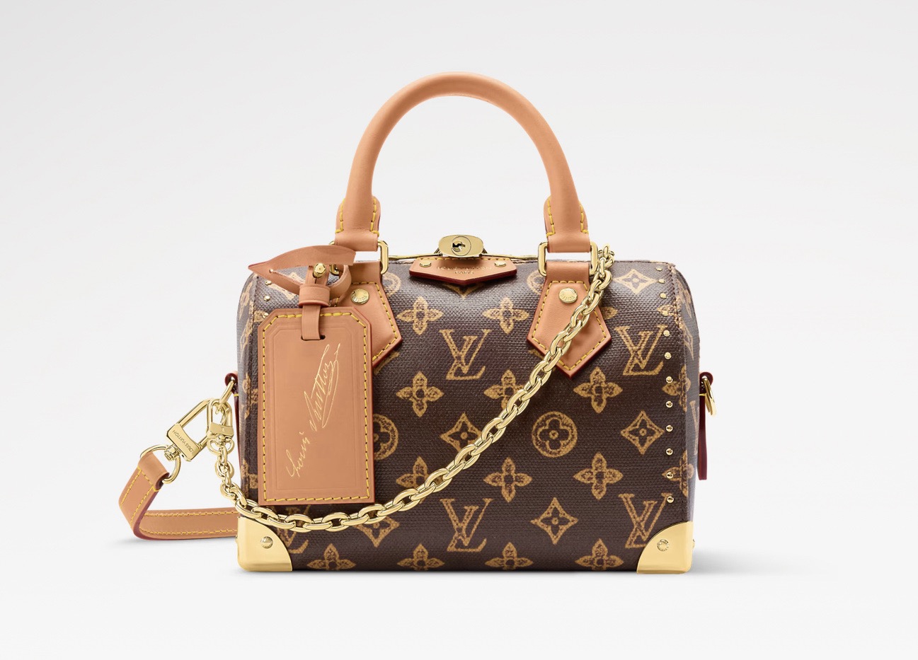 NO:687871,Top Original [Sac Speedy Trunk 20 Bag] m28102 Brown/Color To celebrate the Louis Vuitton signature anniversary, this Speedy Trunk 20 bag reinvents itself in the House's exclusive Monogram Origin hr canvas. It is sublimated by smooth cowhide trim and a special address clip on the handle, and opens on the striped lining with a flat pocket for storing essentials. A gold chain and padlock bring a refined finishing touch to the model. Size 20.5  x 13.5 x 11 cm 5617065 (length x height x width),,louis vuitton,cowhide19860909顶级原单【Sac Speedy Trunk 20手袋】 m28102 棕色/彩色 为了庆祝路易威登签名周年,这款Speedy Trunk 20包在House的独家Monogram Origin hr帆布中重塑了自己.它由手柄上的光滑牛皮装饰和特殊地址夹升华,并在条纹衬里上打开,有一个用于存放必需品的扁平口袋.金链和挂锁为模型带来了精致的点睛之笔. 尺寸20.5 x 13.5 x 11厘米 5617065（长度x高度x宽度）,,louis vuitton,cowhide,Bag