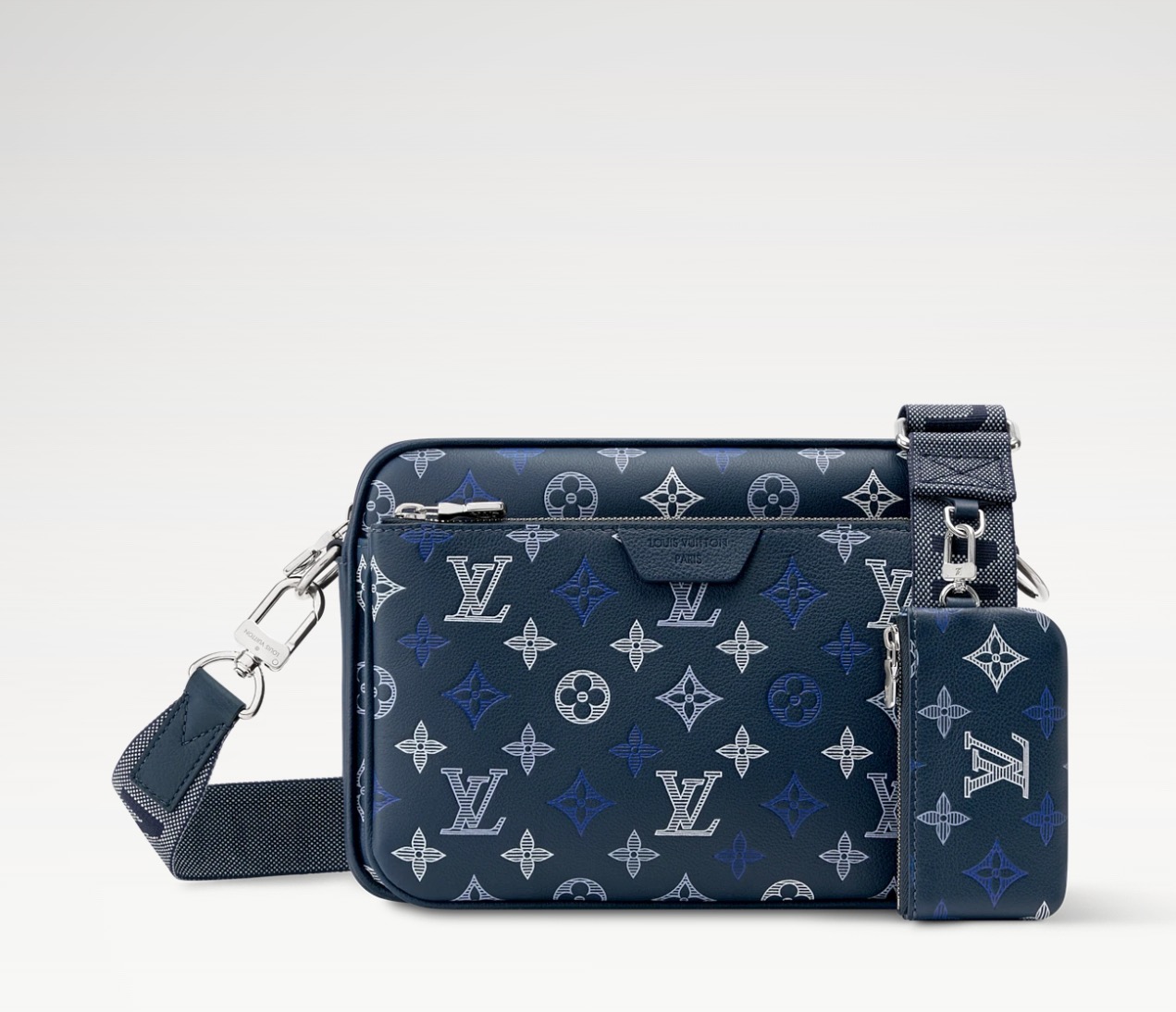 NO:767792,[Trio messenger bag] M28618 dark blue/gradient (stripe embossed),19860909【 Trio 邮差包手袋】M28618 深蓝色/渐变（条纹压花）,,Bag