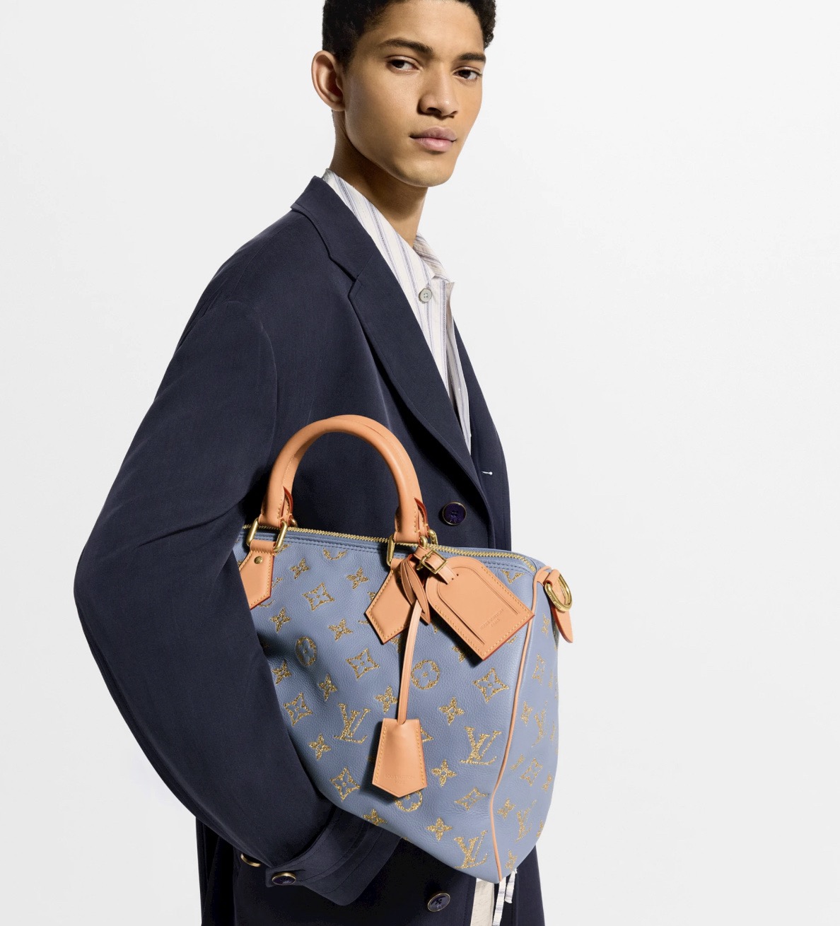 NO:767746,[SEEDY 9 BANDOULIRE 40 Handbag] m28079 Gray/Gold (Embroidery) Model Picture,19860909【SEEDY 9 BANDOULIRE 40 手袋】 m28079 灰/金（刺绣）模特图,,Bag
