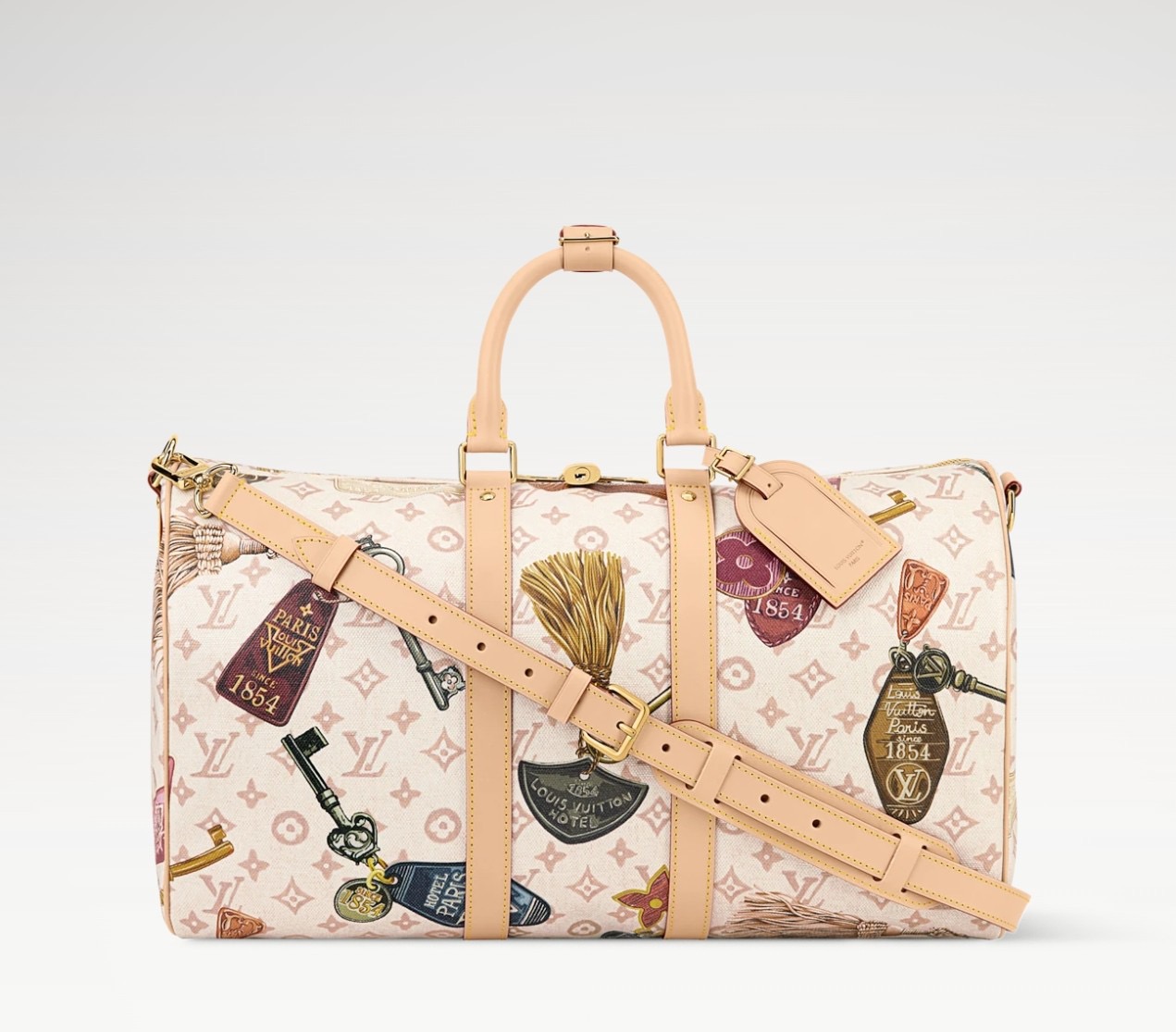 NO:812351,Top original item [Keeall Bandoulière 45 travel bag] M28780 white flower (emblem silk screen), made of Monogram Dune lt canvas, with a linen-cotton blend showing a retro hotel key pattern. The exquisite fabric lining and zipper bag create a compact interior space, and the rolled leather top handle and detachable and adjustable leather shoulder strap allow for a variety of carrying methods. Dimensions 45 x 27 x 20 cm 7518085,19860909顶级原单【Keeall Bandoulière 45 旅行袋】M28780 白花（徽章丝印） 取材 Monogram Dune lt帆布,以亚麻棉布混纺呈现复古酒店钥匙图案.考究织物内衬和拉链袋成就精巧内部空间,辊压皮革顶部手柄和可拆卸并可调节的皮革肩带实现多种背携方式. 尺寸 45 x 27 x 20厘米7518085,,Bag