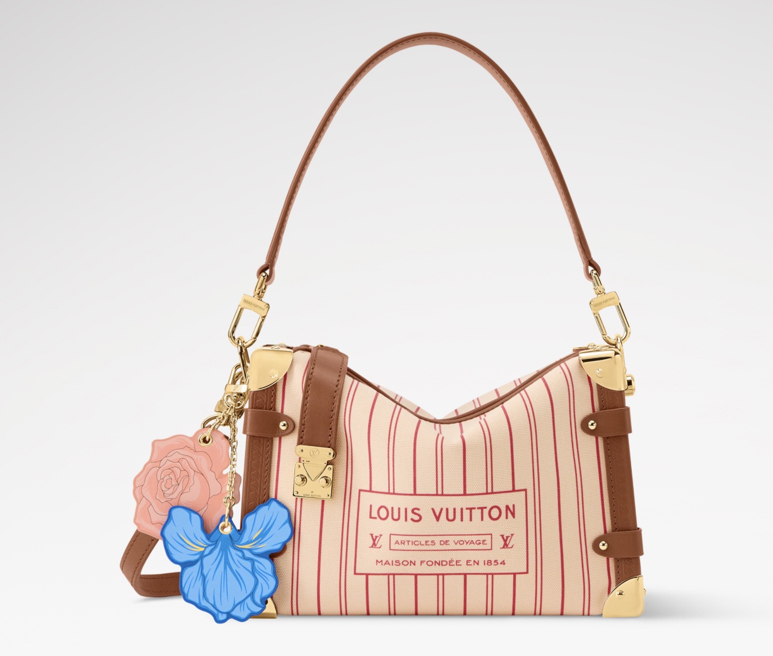 NO:812375,The top original item [SIDE TRUNK Medium Handbag] m28469 Striped Flight Mode Side Trunk Medium Handbag has a new look in the Getaway hr capsule series. The printed canvas body is reminiscent of the Neverfull handbag lining, cleverly decorated with logo metal corners, classic S-lock locks and unique floral charms, making it comfortable to travel with. Plenty of internal space to easily store travel needs. Size 23.5 x 16 x  8.5 cm 6517075 (length x height x width),19860909顶级原单【SIDE TRUNK 中号手袋】 m28469 条纹 Flight Mode Side Trunk 中号手袋于 Getaway hr胶囊系列焕现新貌.印花帆布包身引人遥想 Neverfull 手袋内衬,巧妙缀饰标识金属包角、经典 S-lock 锁扣与别致花卉挂饰,惬意随行悠然旅途.充裕内部空间轻松收纳出行所需. 尺寸23.5 x 16 x 8.5 厘米 6517075 (长度 x 高 x 宽),,Bag