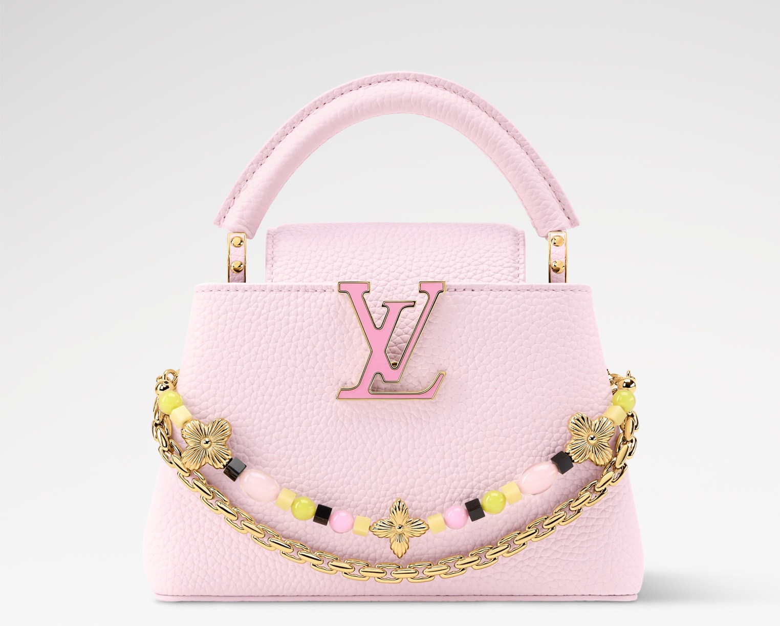 NO:879813,Top Original Order [CAUCINES Mini Handbag] m29500 Pink/Floral Chain This classic Caucines mini handbag is from the Sunbeam capsule series and is made of exquisite Taurillon HL leather in soft tones. The decorative chain is the finishing touch to the design. One is equipped with a handmade adjustment chain, like fine jewelry; the other is decorated with glass beads and Monogram flowers, shining with charming luster. Embellished with colorful iconic LV  Letters, can be carried in various ways, suitable for cross-body, shoulder or handbags, and you can change the shape at will. This exquisite series comes with exclusive packaging, imbued with the charming style of the Côte d'Azur. It comes with limited charms and the brand's iconic beach hut handbag to enjoy the leisurely fun of midsummer - limited edition, subject to availability. Dimensions 13.6 x 21 x 8 cm 11821250 Dimensions 27 x 19 x 9 cm  128121350 (length x height x width),,louis vuitton19860909顶级原单【CAUCINES 迷你手袋】 m29500 粉色/花卉链条 本款经典 Caucines 迷你手袋出自 Sunbeam 胶囊系列,选用精致 Taurillon Hl皮革制成,呈现柔美色调.装饰链条为设计点睛一条配以手工打造的调节链,宛若精美珠宝；另一条饰有玻璃感串珠与 Monogram 花卉,闪耀迷人光泽.点缀多彩标志性 LV 字母,背携方式多样,斜挎、肩背、手提皆宜,随心转换造型. 本系列臻作搭配专属包装,浸染蔚蓝海岸的迷人风情,随附限定挂饰与品牌标志性海滩小屋手袋,尽揽盛夏悠然意趣——限量呈献,售完即止. 尺寸13.6 x 21 x 8 厘米 11821250 尺寸27 x 19 x 9 厘米 128121350 (长度 x 高 x 宽),,louis vuitton,Bag