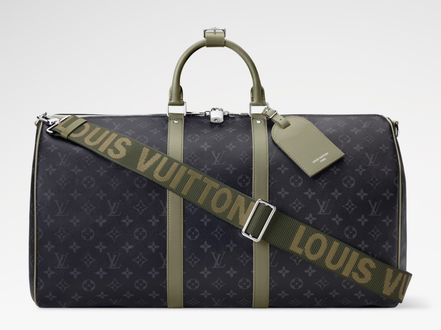 NO:919643,Top original order [KEEALL BANDOULIRE 55 Travel Bag] M28844 Black Flower/Green This Keeall Bandoulière 55 travel bag is made of Monogram Eclise hx coated canvas, which echoes the color of the leather elements on the top handle and side straps. Contrast edges, name tags and wide fabric shoulder straps add exquisite details. Fabric lining and zipper inner pocket create a portable size. Dimensions 55 x 31 x 26  cm 6517075 (length x height x width),19860909顶级原单【KEEALL BANDOULIRE 55 旅行袋】M28844 黑花/绿色 本款 Keeall Bandoulière 55 旅行袋采用Monogram Eclise hx涂层帆布,与顶部手柄和侧带的皮革元素形成色彩呼应.撞色边缘、姓名牌和宽幅织物肩带再添考究细节.织物内衬和拉链内袋共筑随身上机尺寸. 尺寸55 x 31 x 26 厘米 6517075 (长度 x 高 x 宽),,Bag