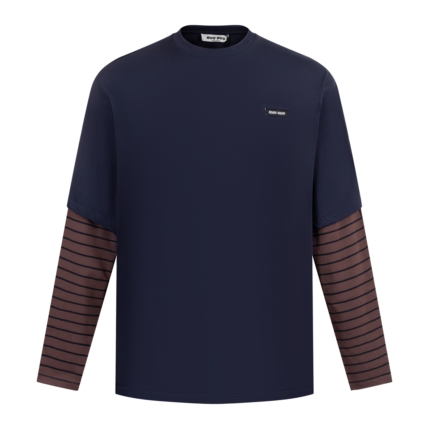 【Proveedor exclusivo】 MiuMiu camiseta de manga larga de dos piezas falsas con logo y rayas marrones. La tela principal …