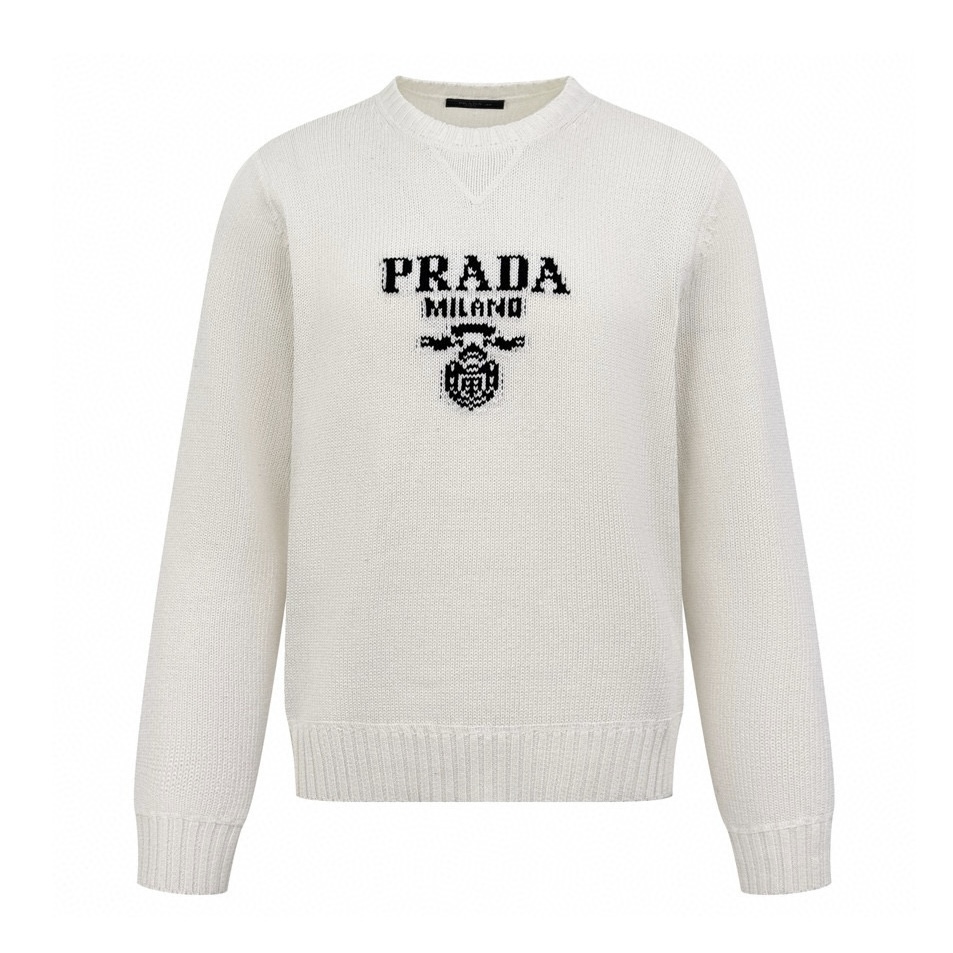 [Suministro exclusivo] Suéter con cuello redondo en jacquard con logo Pra (blanco). La versión original se compró por 1…