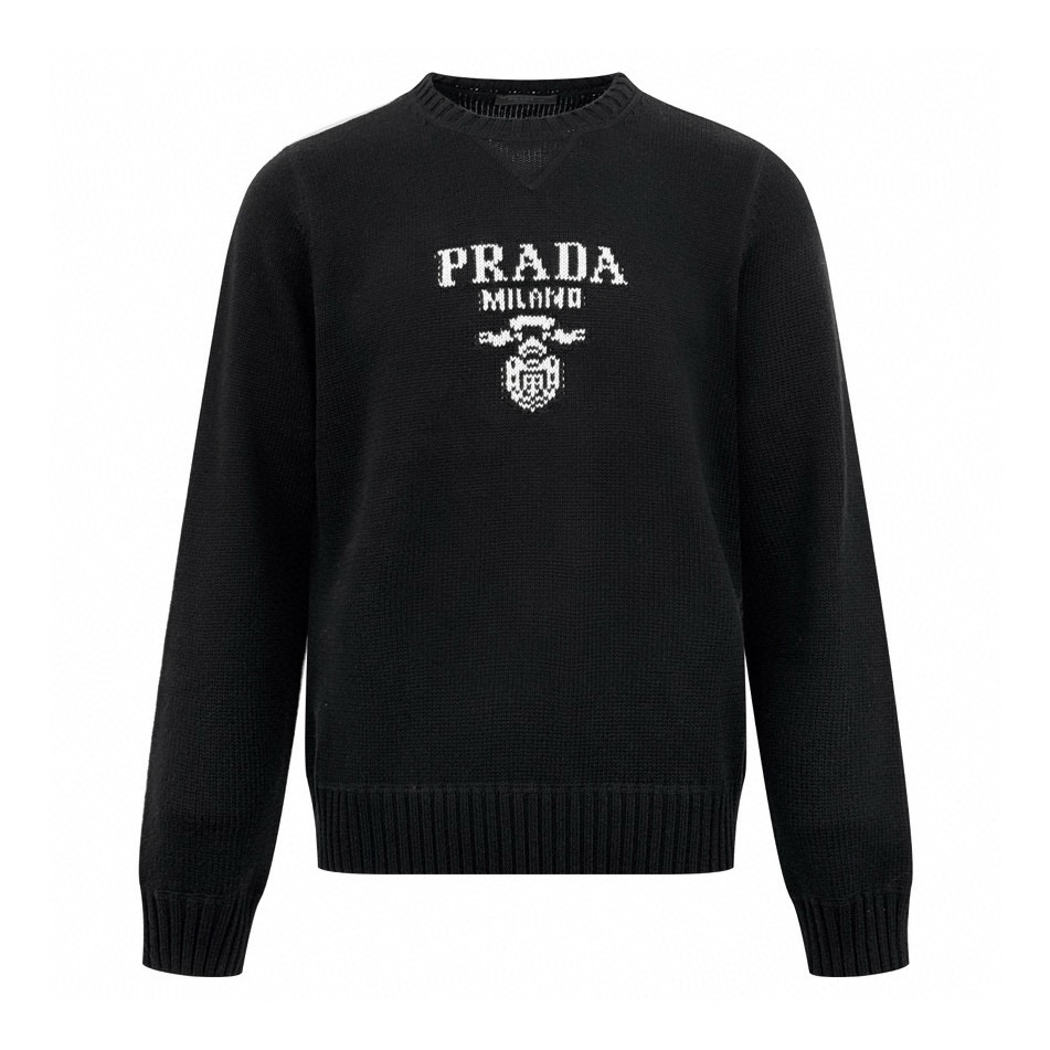 [Suministro exclusivo] Suéter con cuello redondo en jacquard con logo Pra (negro). La versión original se compró por 17…