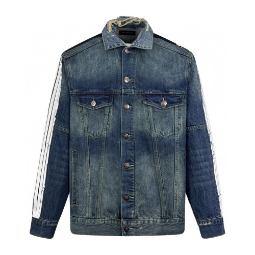 Balenciagaa Blue Denim Jacket with White Stripes & Distressed Detailing 1 Balenciagaa Blue Denim Jacket with White Stripes & Distressed Detailing