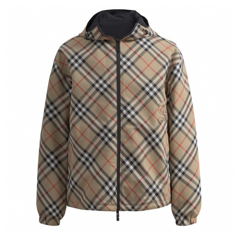 Burberry Reversible Check Jacket with Embroidered Horse Logo - Khaki