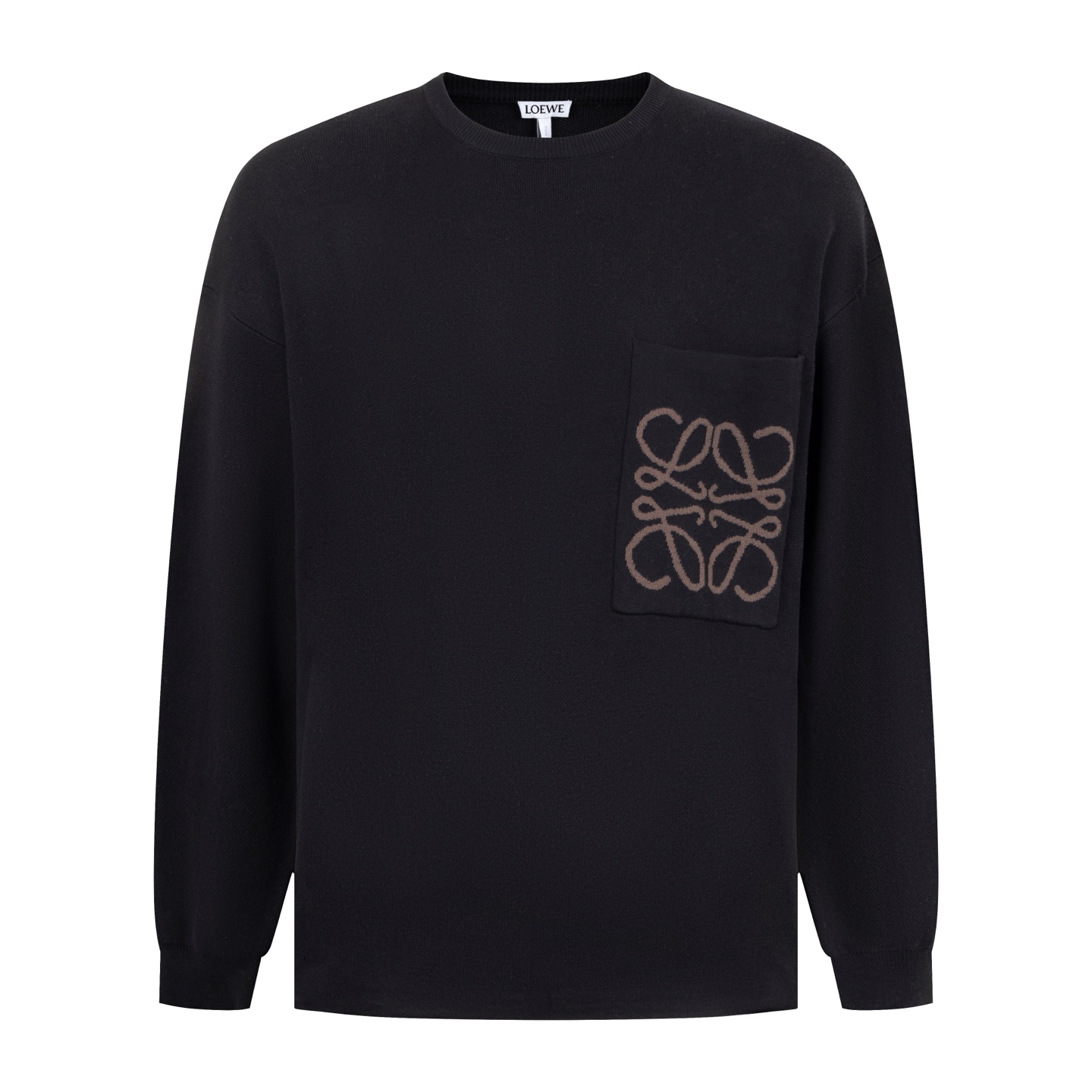 🅿️230 【Exclusivo】 Suéter de cuello redondo Loewe Anagram con bolsillo grande (negro). La tela está tejida con 49% visc…