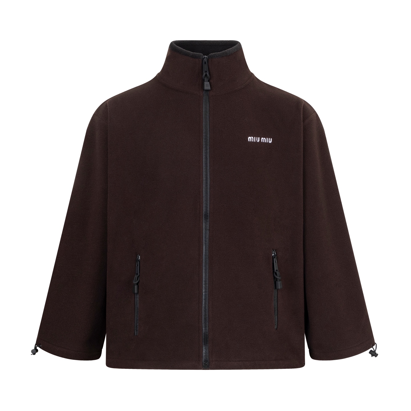 【Suministro exclusivo】 Chaqueta con cremallera MiuMiu con logo bordado (marrón). Tejido de felpa suave y densa, con vel…