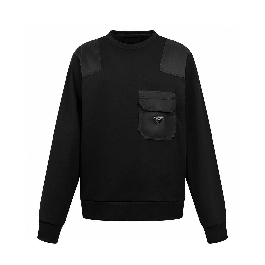 [Suministro exclusivo] Sudadera con cuello redondo y empalme de nailon con bolsillo con logo triangular Pra. Compra ori…