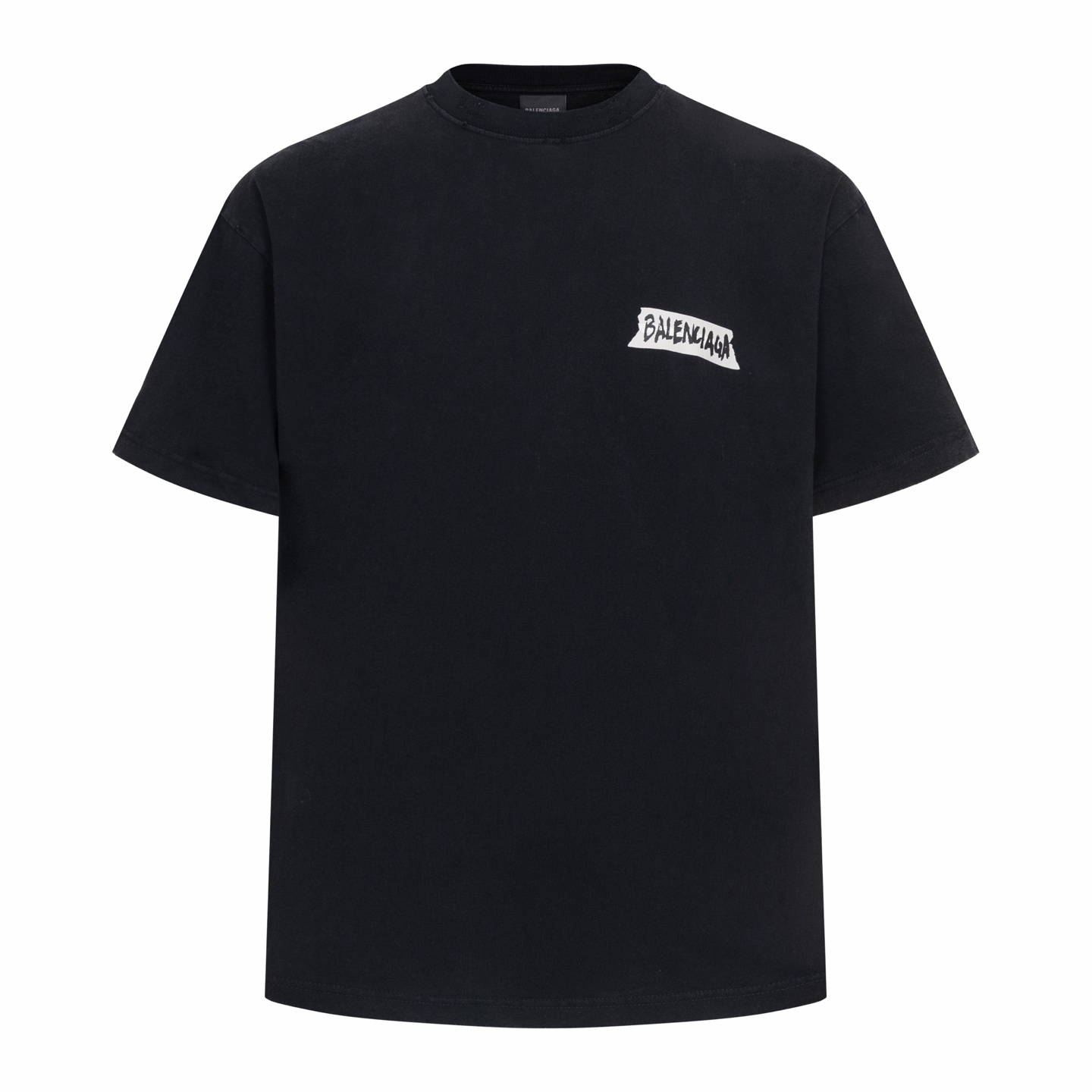 P135 BLCG 25FW Camiseta de cuello redondo con estampado blanco (negro lavado). La tela utiliza algodón compacto especia…