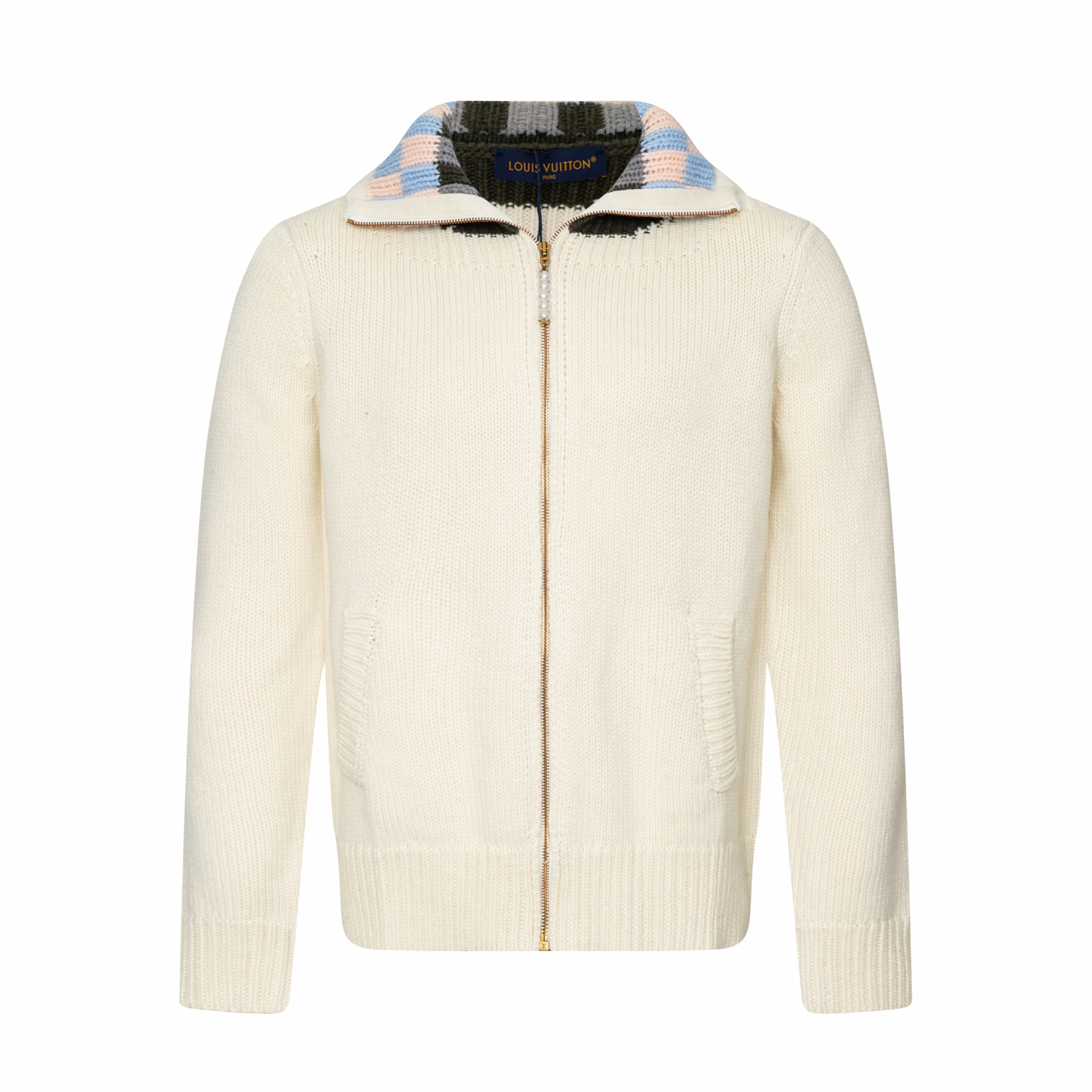 P265 1v 25FW Chaqueta de punto con cremallera y cuello azul marino en contraste arcoíris. Compra original y desarrollo …