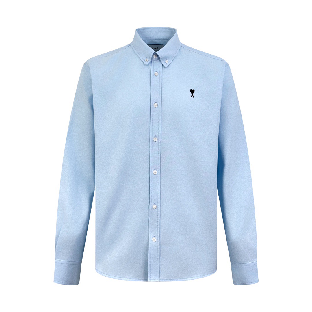 P205 Ami Camisa de manga larga con bordado de corazón (azul). Tela de algodón Oxford flexible personalizada d…