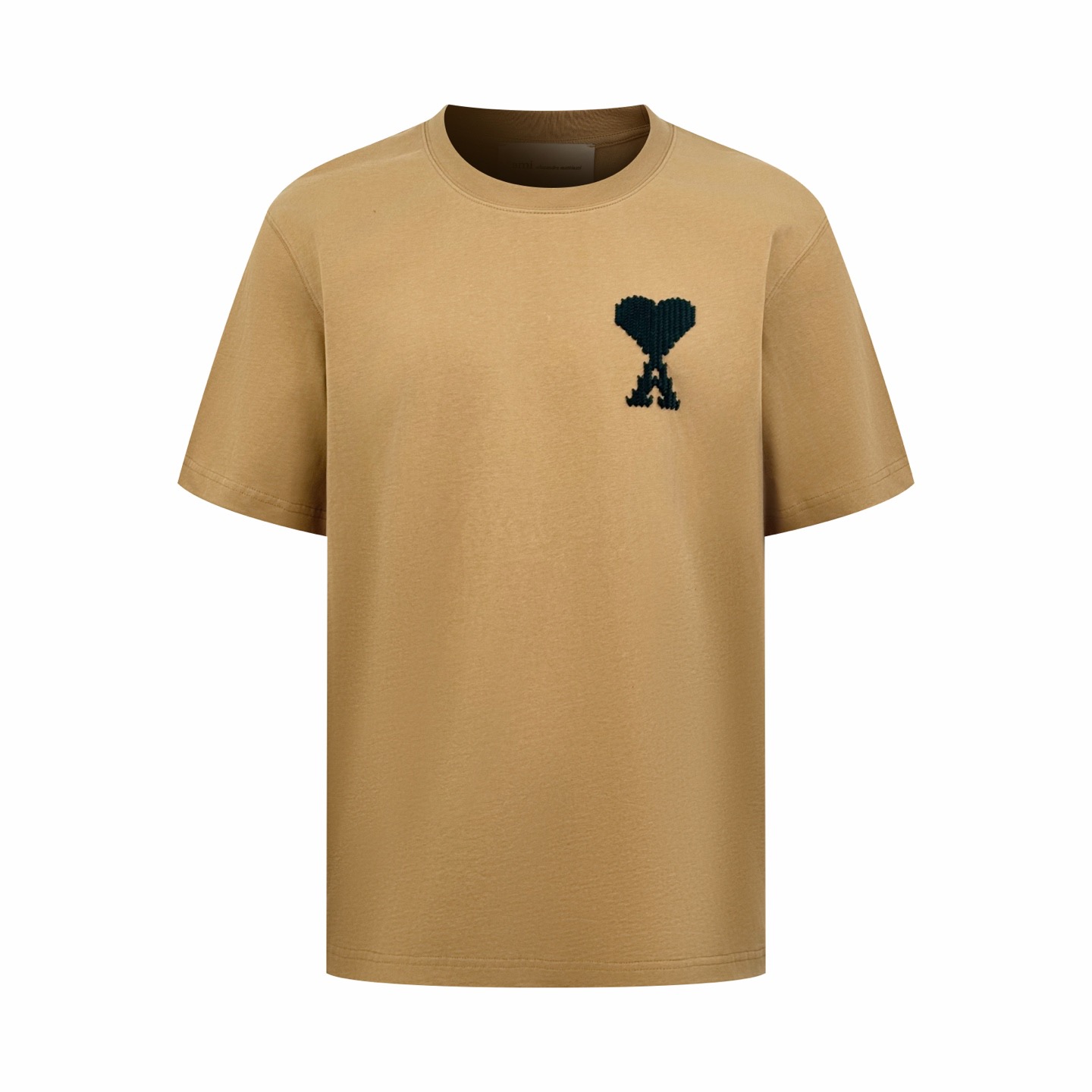 P125 Ami Camiseta de manga corta con bordado de corazón tejido (caqui). Tela de algodón personalizada de textura suave …