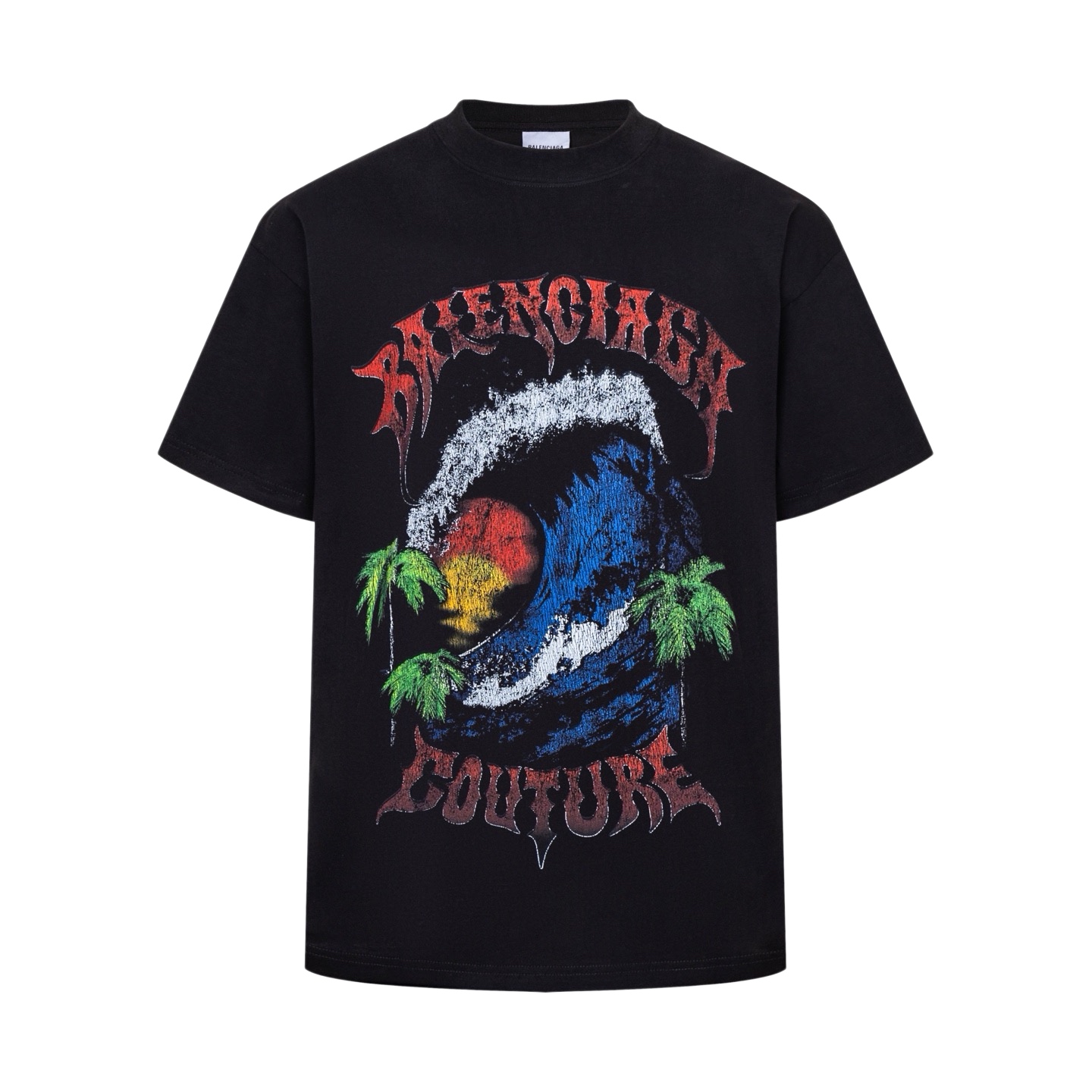 Balenciaga BLCG 26SS 夏威夷海浪椰树印花短袖黑色