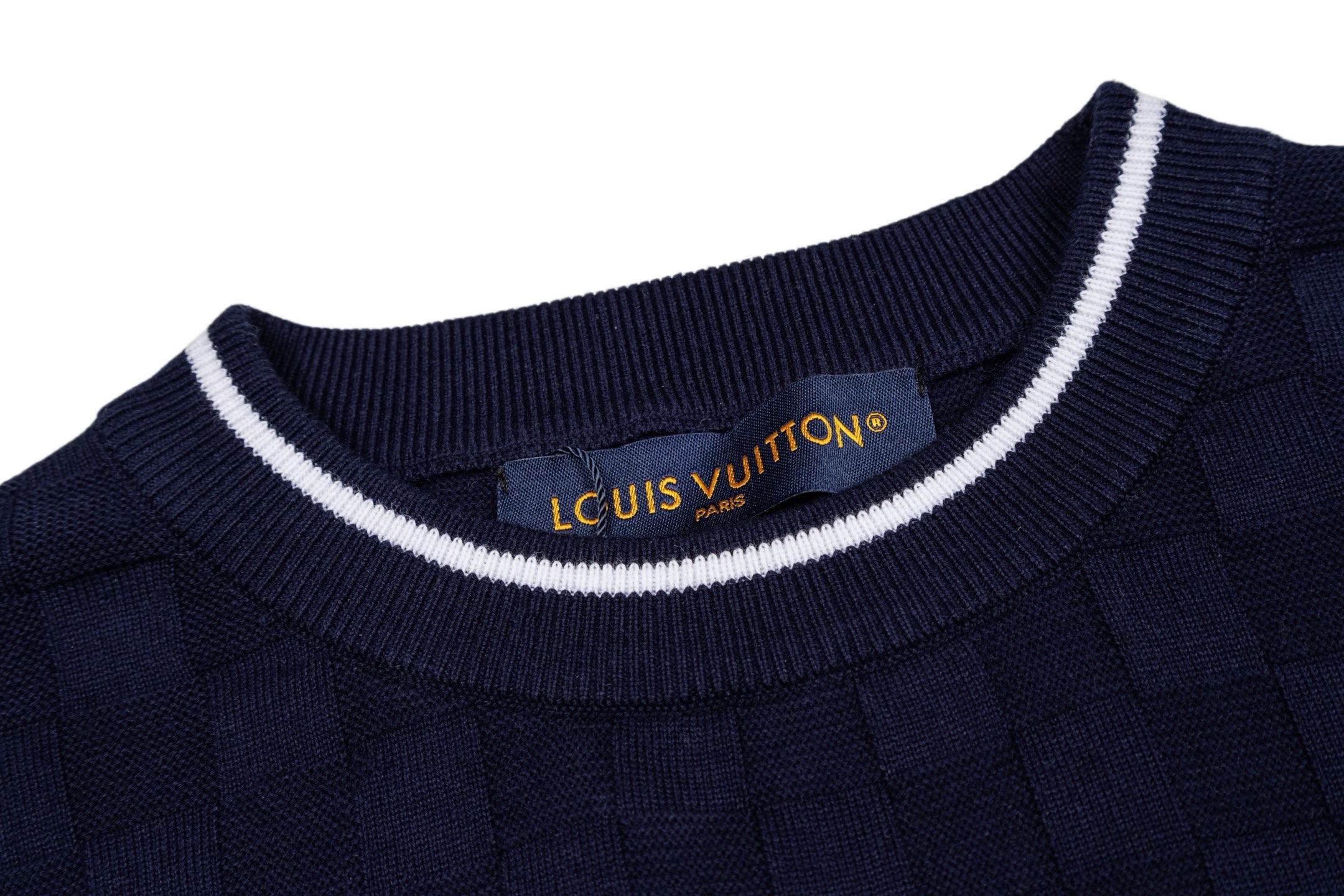 Louis Vuitton 1v 26SS 棋盘格提花皮牌针织短袖蓝色