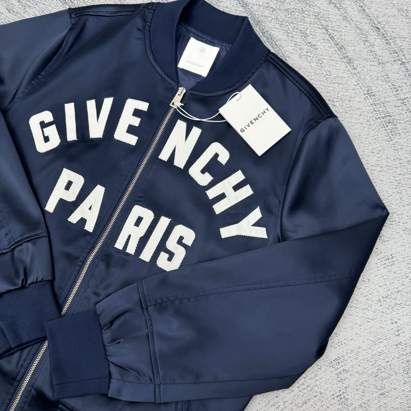 Givenchy Paris Logo Zip-Up Bomber Jacket, Navy Satin Finish, Unisex 5 i1758046184241 647 0 3