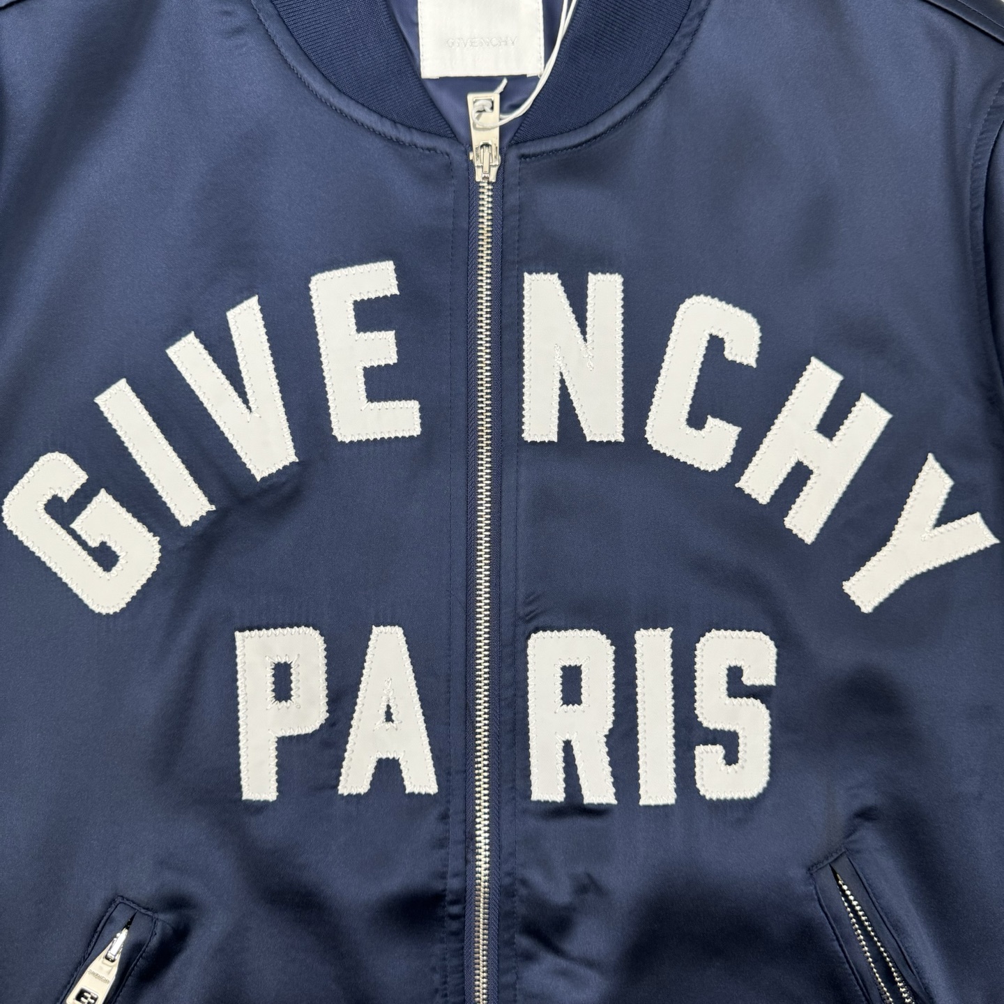 Givenchy Paris Logo Zip-Up Bomber Jacket, Navy Satin Finish, Unisex 10 i1758046184297 6776 0 8