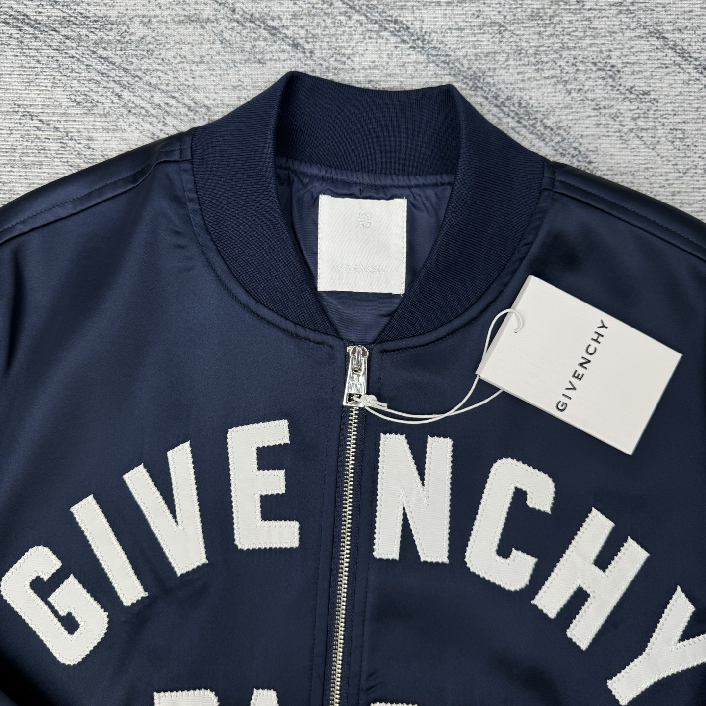 Givenchy Paris Logo Zip-Up Bomber Jacket, Navy Satin Finish, Unisex 6 i1758046184299 8238 0 4