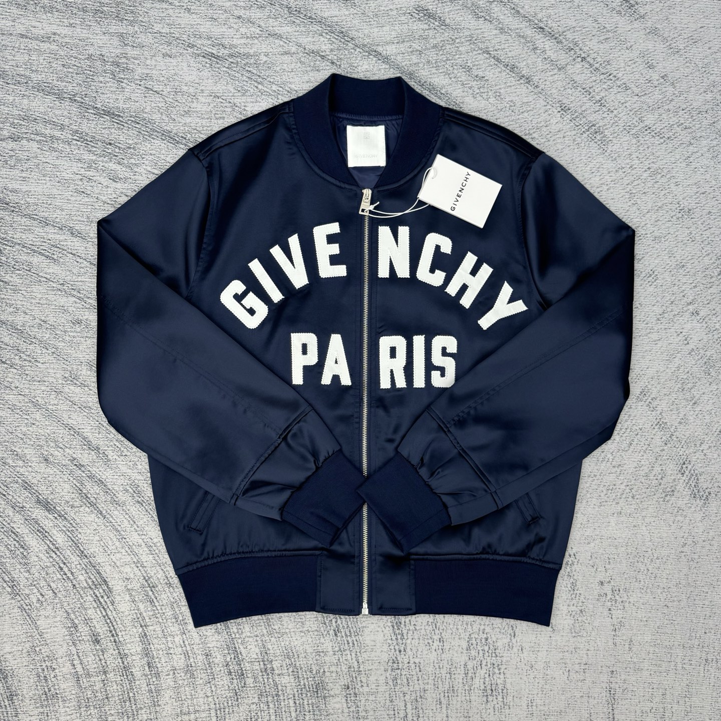 Givenchy Paris Logo Zip-Up Bomber Jacket, Navy Satin Finish, Unisex 4 i1758046185471 2452 0 2