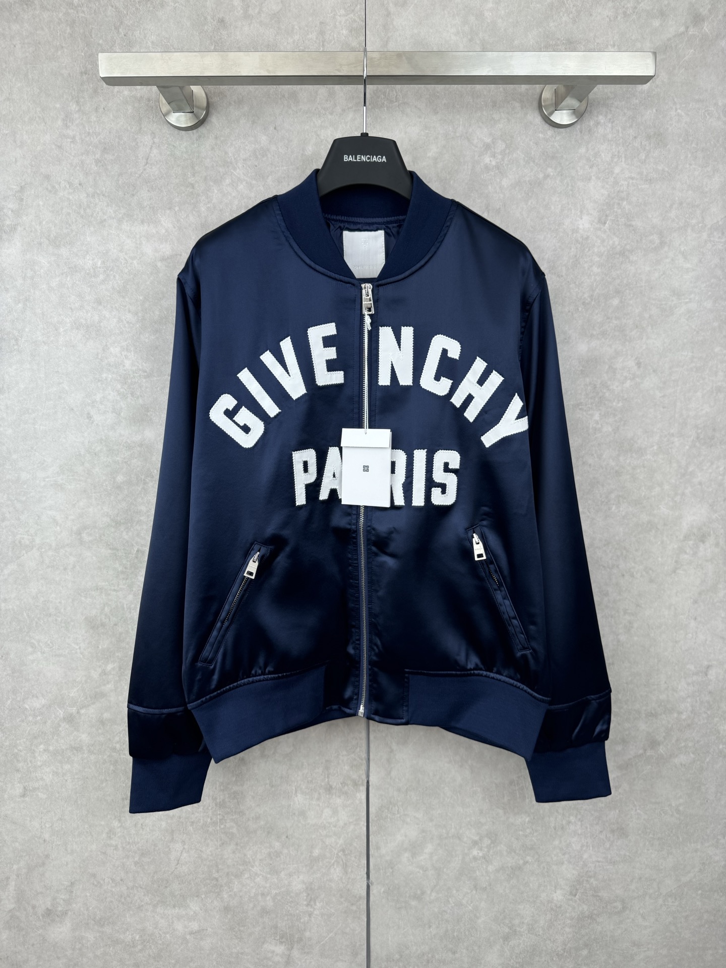 Givenchy Paris Logo Zip-Up Bomber Jacket, Navy Satin Finish, Unisex 2 i1758046185510 6720 0 0