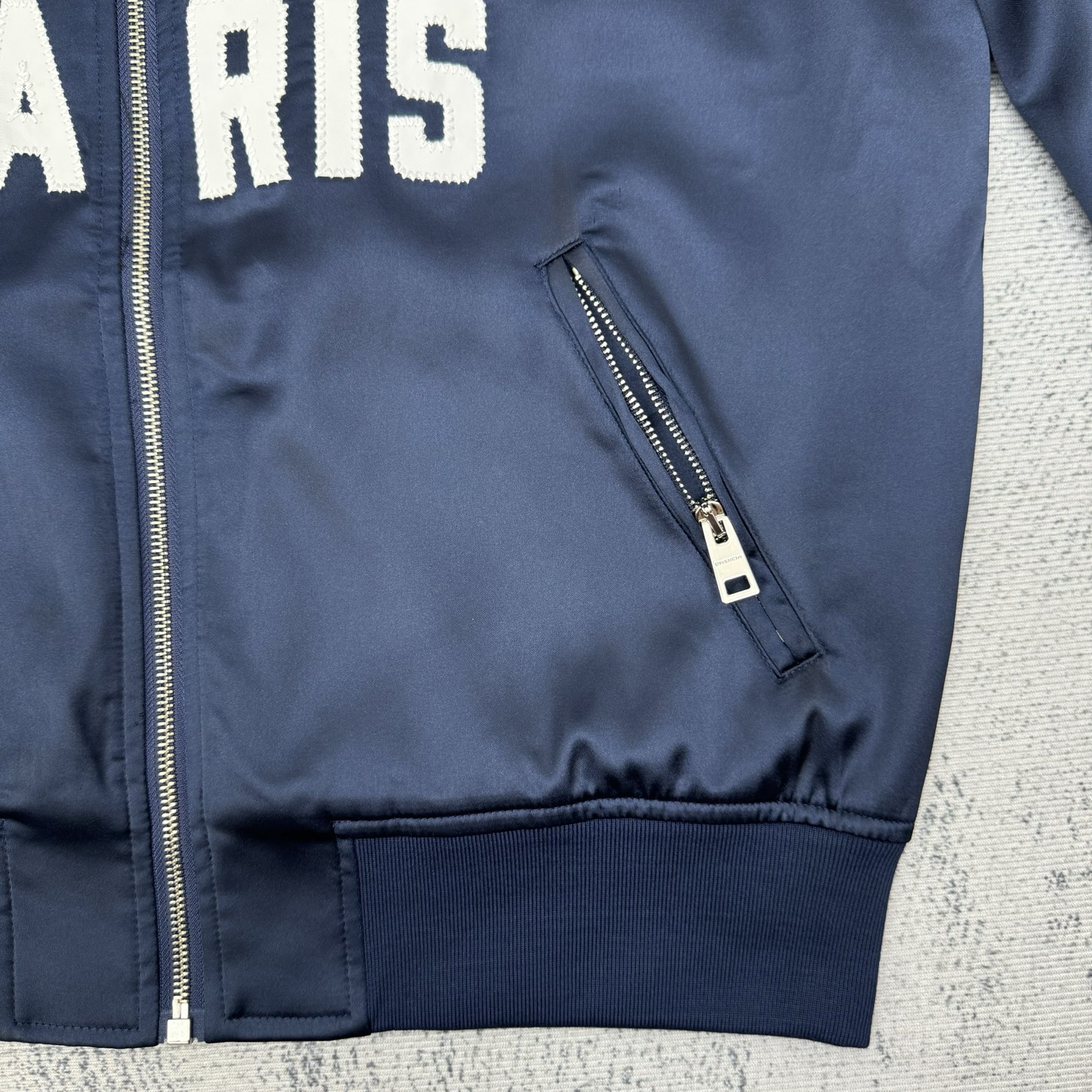 Givenchy Paris Logo Zip-Up Bomber Jacket, Navy Satin Finish, Unisex 9 i1758046186330 7060 0 7