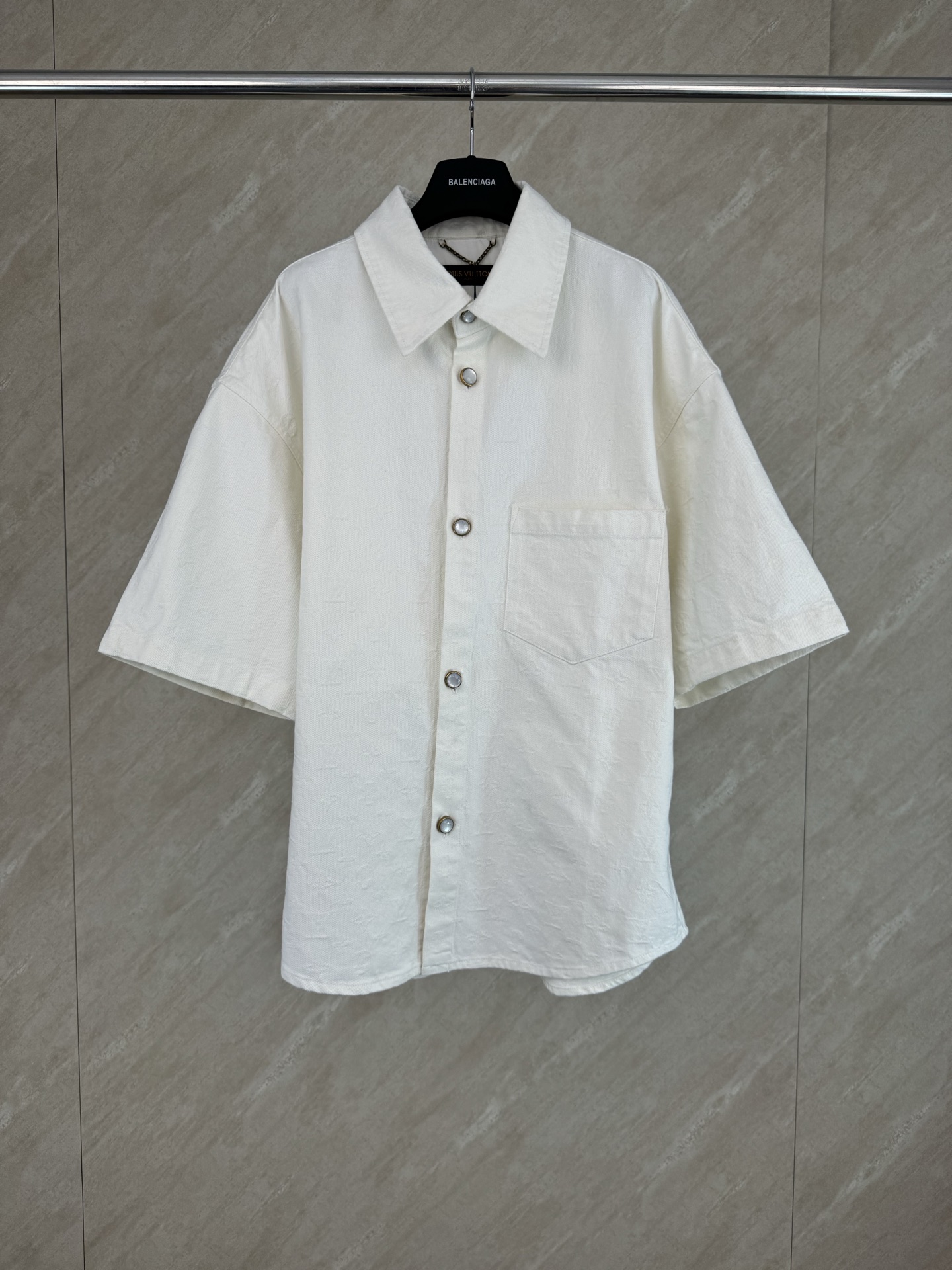 P215 1V 26SS nuevo primavera y verano blanco Monograma elemento jacquard denim de manga corta Talla: S/M/L/XL Hebilla b…