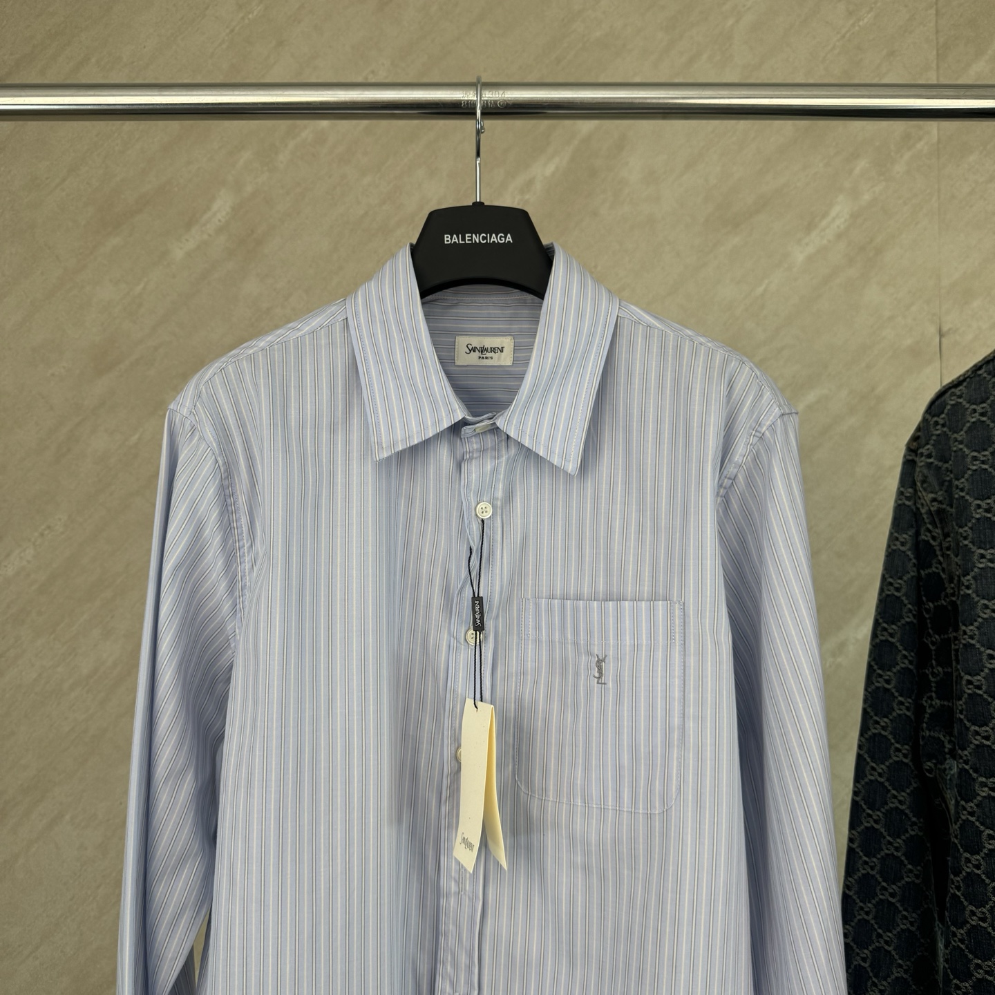 Saint Laurent Saint Laurent 圣罗兰 YSL字母标识刺绣条纹长袖衬衫