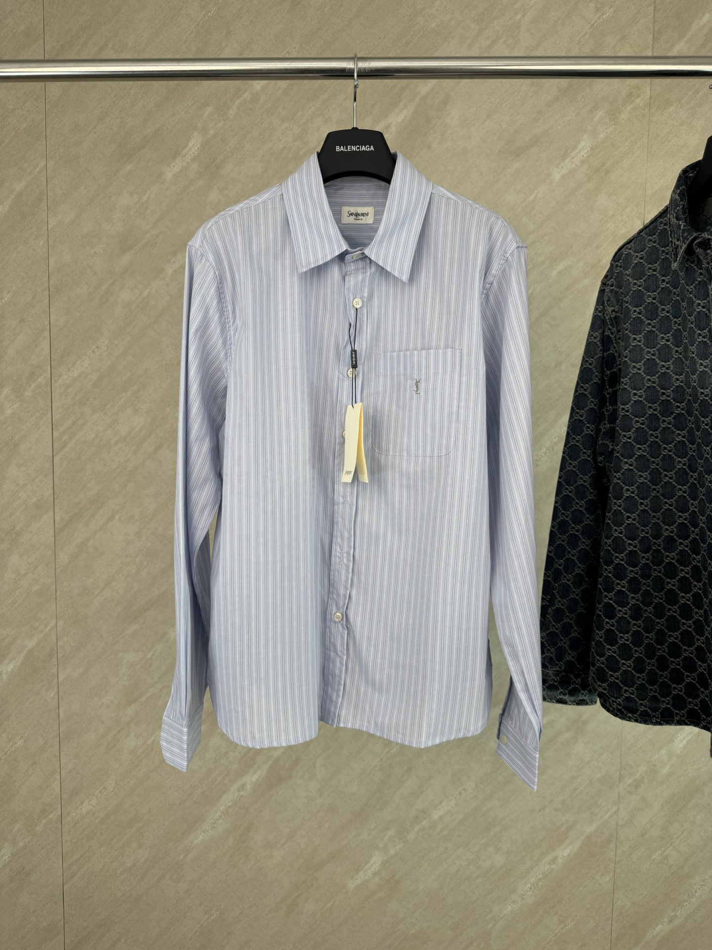 Saint Laurent Saint Laurent 圣罗兰 YSL字母标识刺绣条纹长袖衬衫