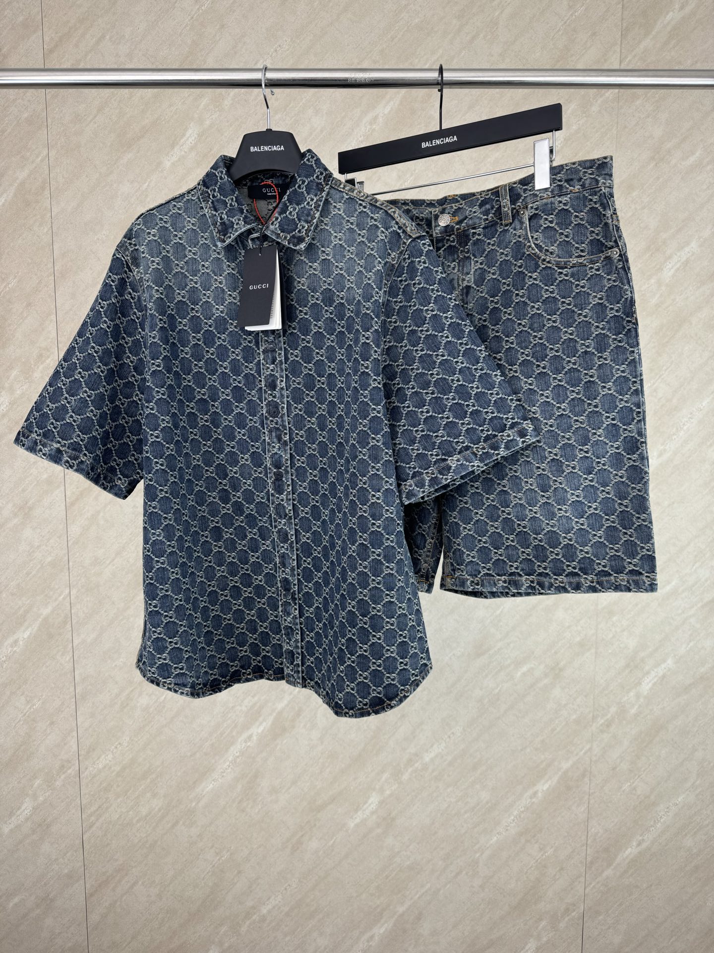 Gucci Gucci 古奇 GG monogram满印提花牛仔套装短袖衬衫