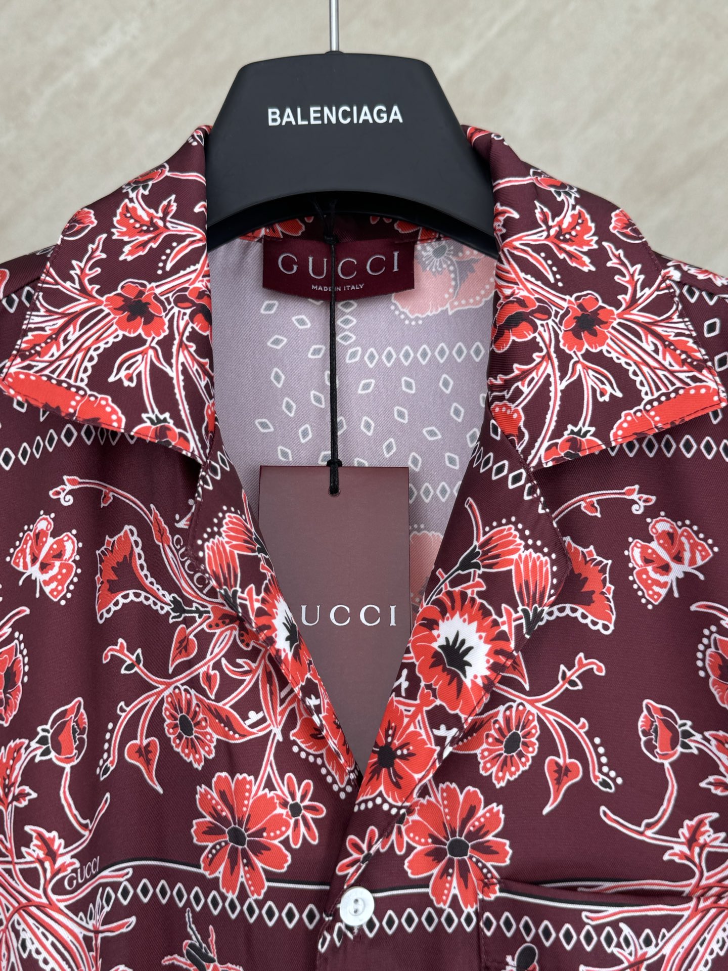 Gucci Gucci 古奇 红罂粟花卉古巴领满印套装短袖衬衫