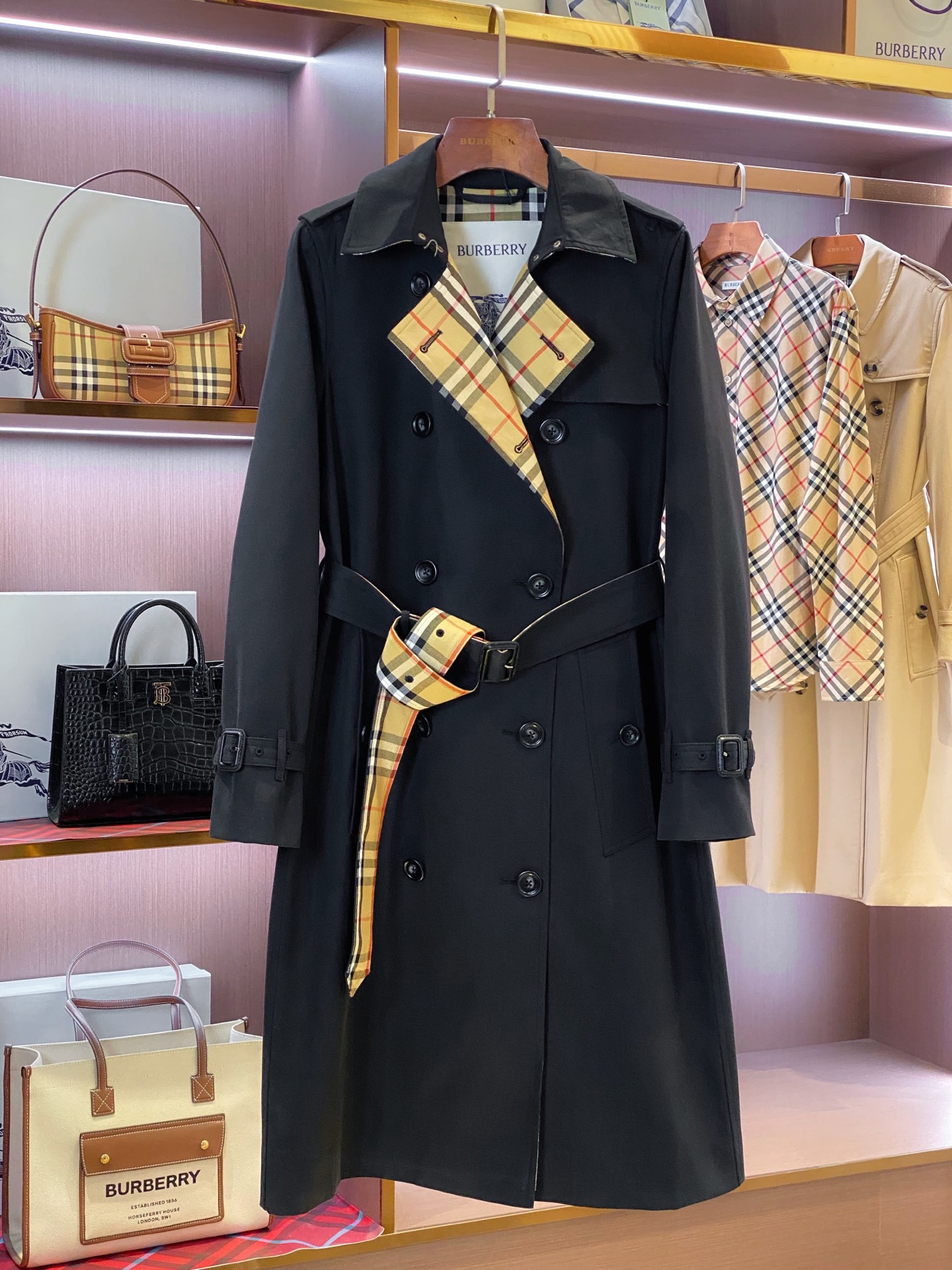 Burberry Check Lapel Belted Trench Coat