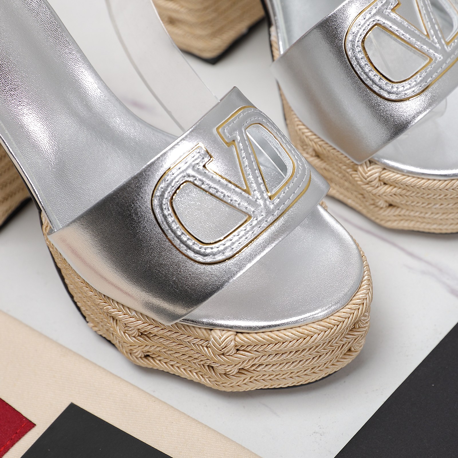 Valentino Garavani Raffia Platform Sandals High Heel Ankle Strap Silver 6 a1719667286909 5565