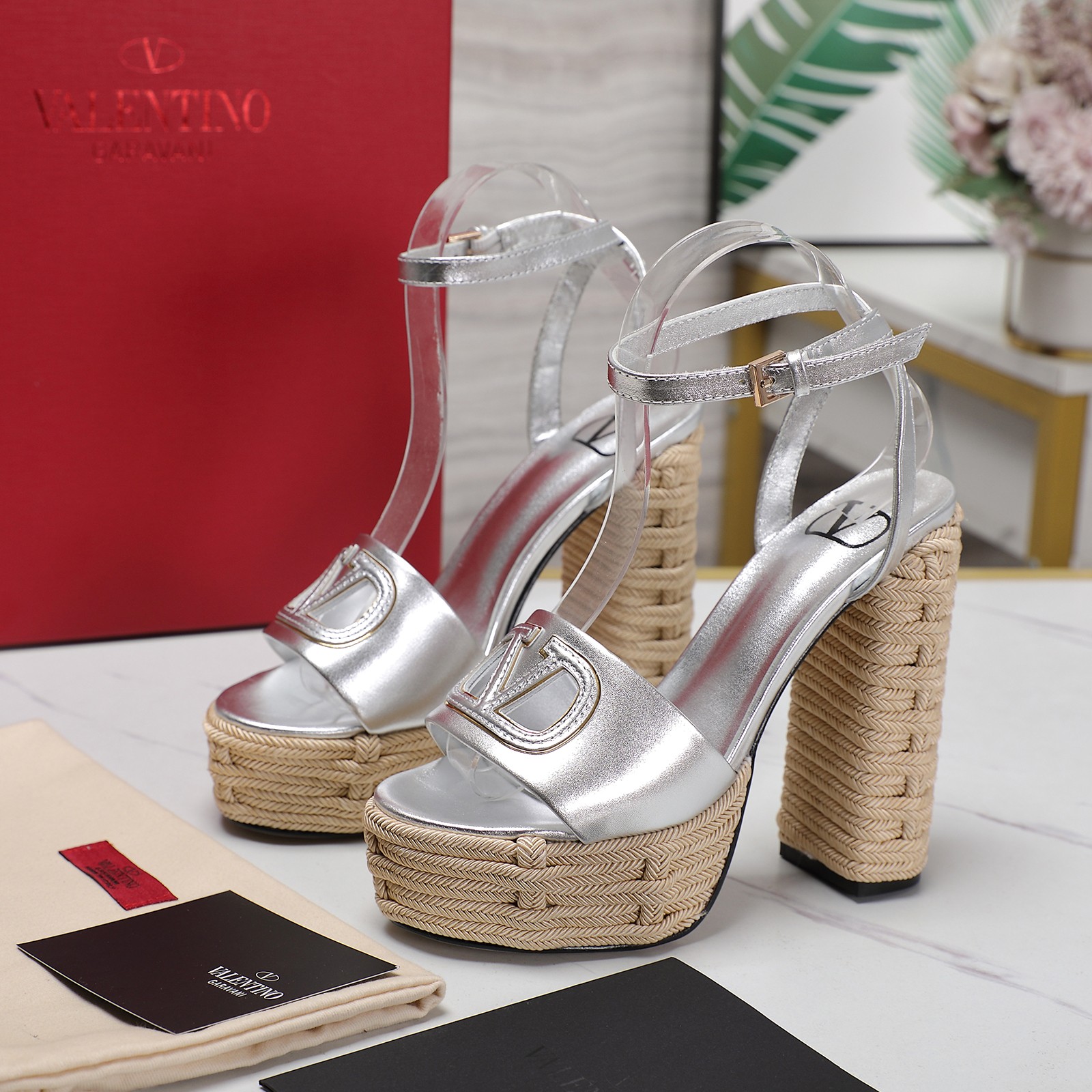 Valentino Garavani Raffia Platform Sandals High Heel Ankle Strap Silver 10 a1719667287825 2132